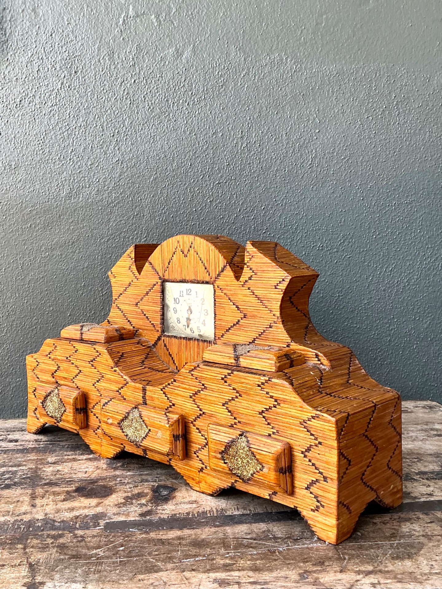 Vintage Handcrafted Matchstick Mantle Clock - Top view