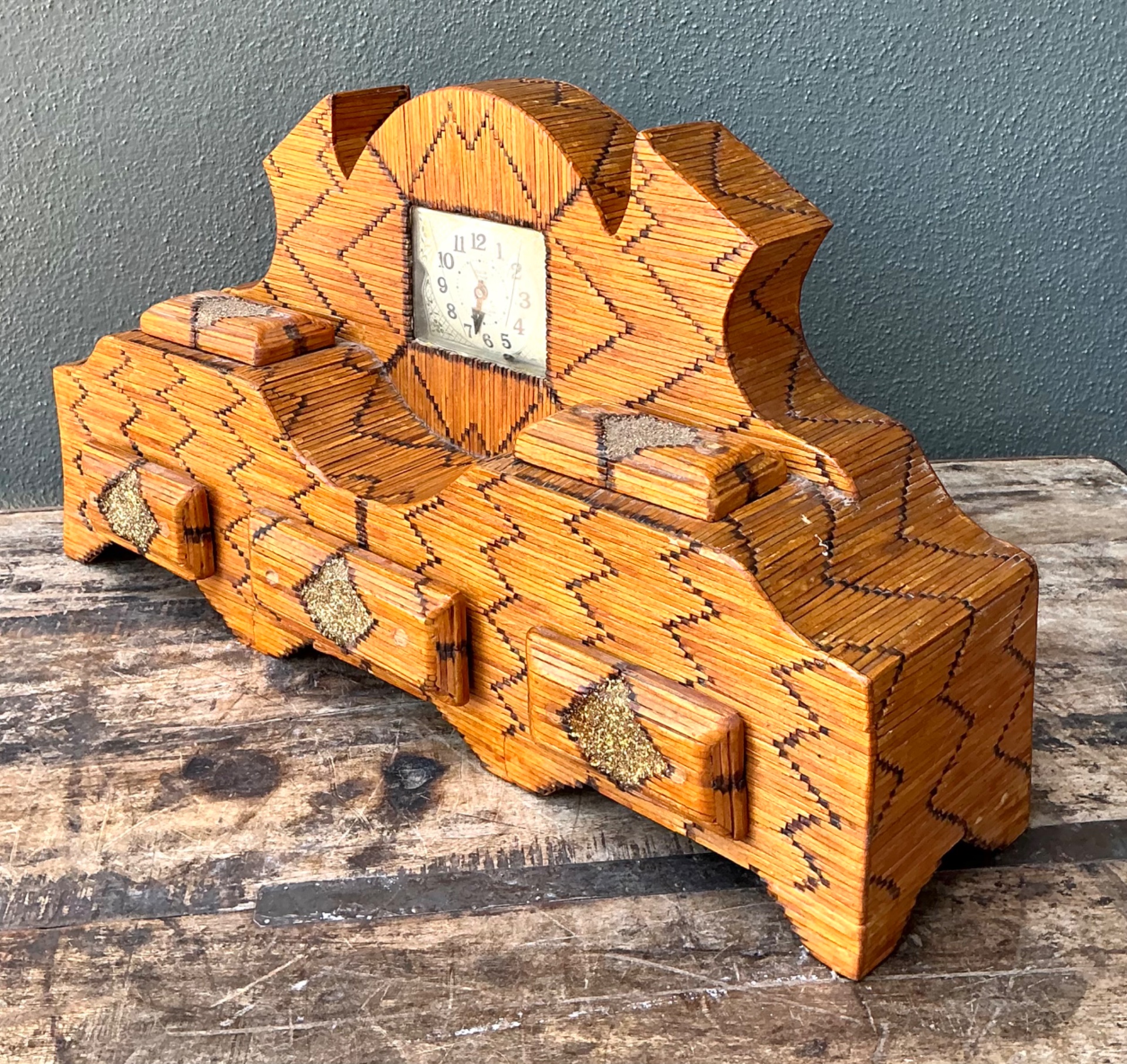 Vintage Handcrafted Matchstick Mantle Clock - Detail view