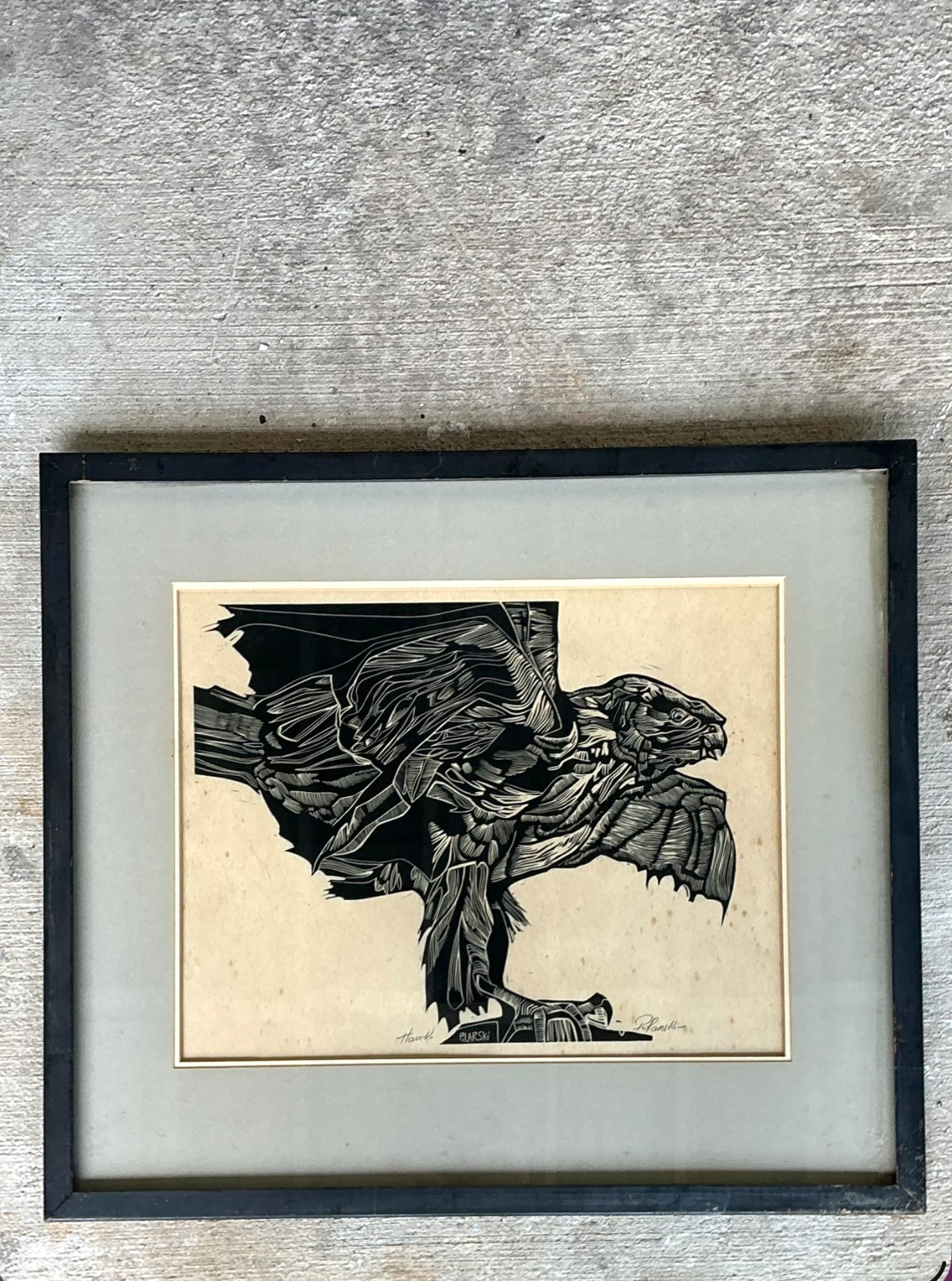 Vintage Framed Hawk Woodcut Art - Side view