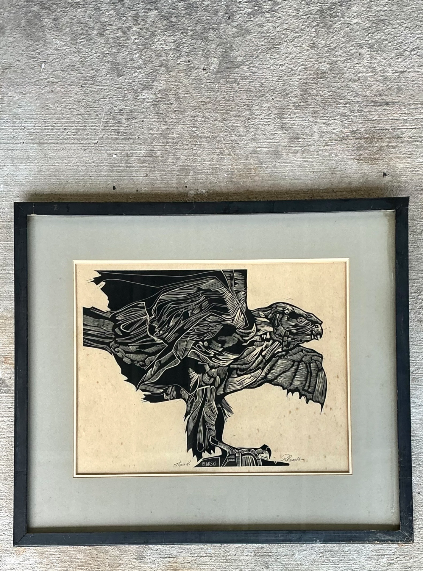 Vintage Framed Hawk Woodcut Art - Top view