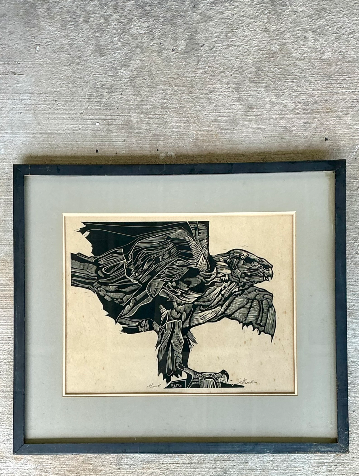 Vintage Framed Hawk Woodcut Art - Detail view