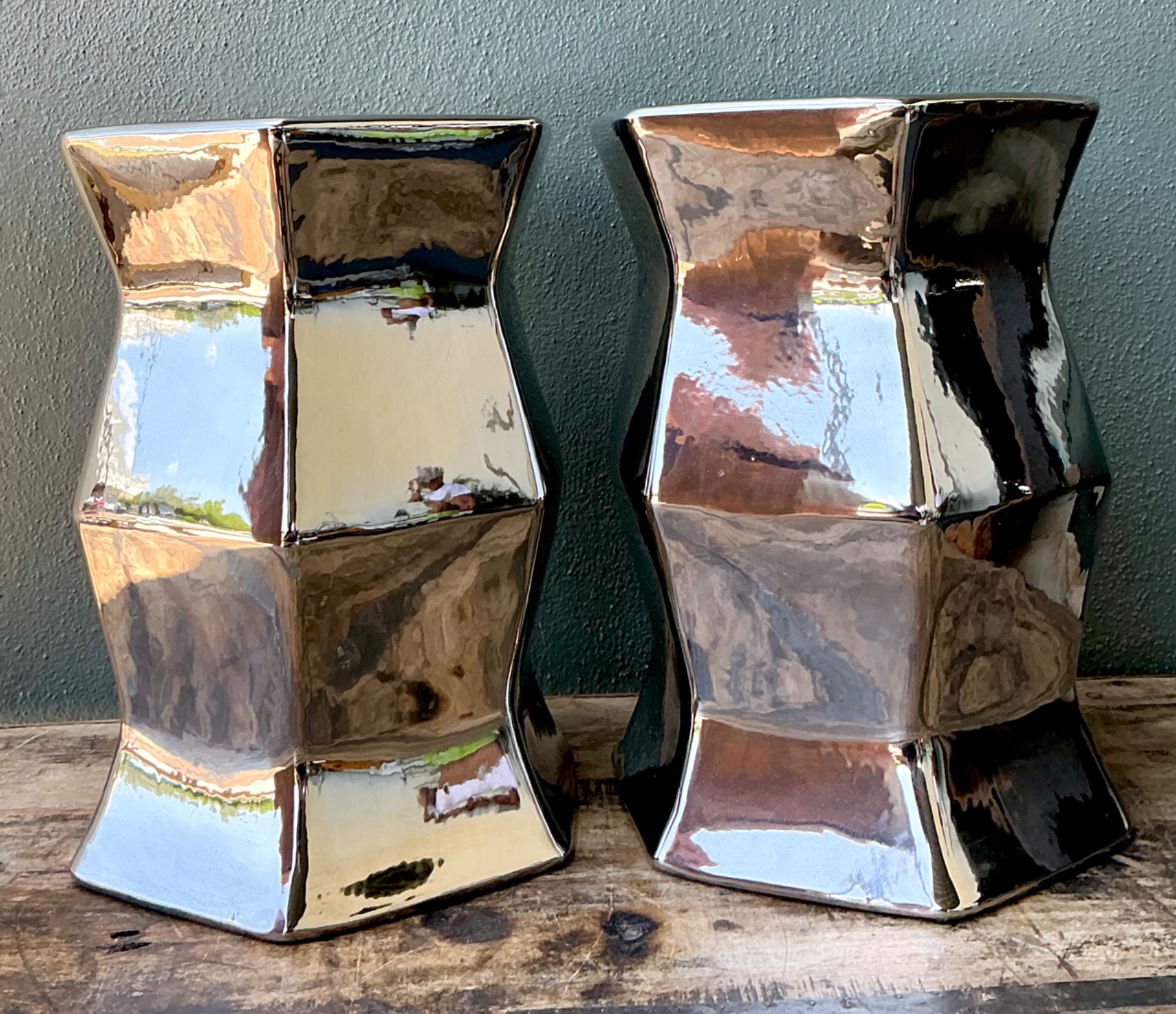 Vintage Faceted Metallic Glaze Low Stools - A Pair - Back view