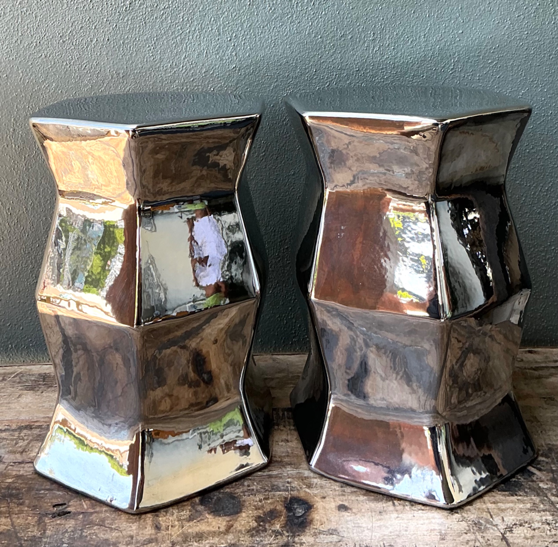 Vintage Faceted Metallic Glaze Low Stools - A Pair - Top view
