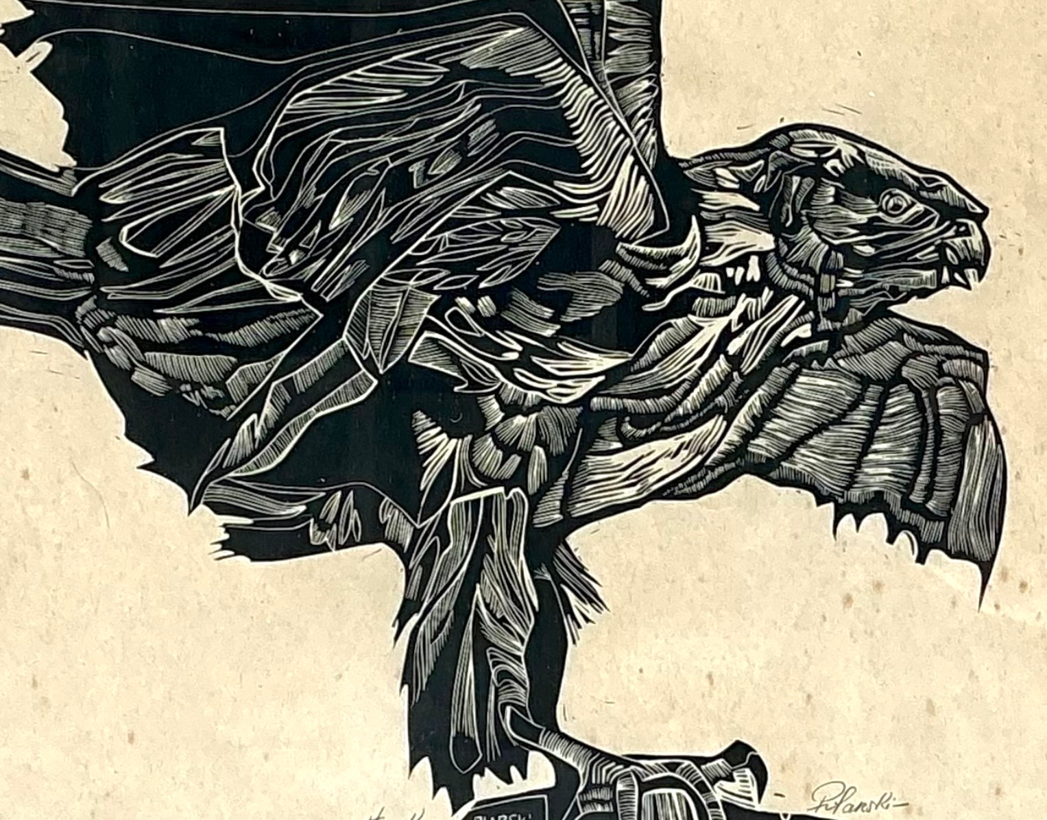 Vintage Framed Hawk Woodcut Art - Back view