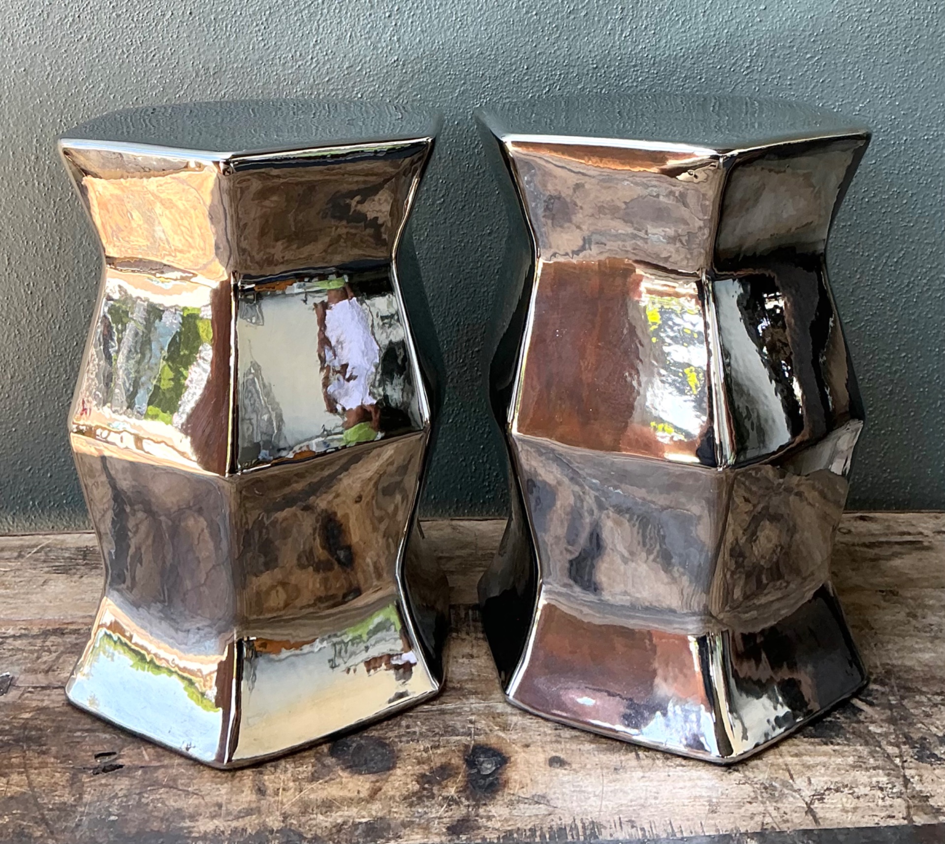 Vintage Faceted Metallic Glaze Low Stools - A Pair - Side view