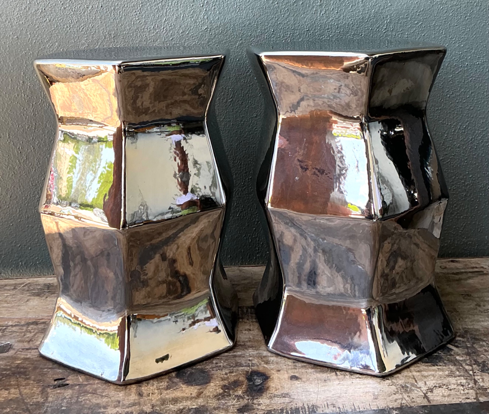 Vintage Faceted Metallic Glaze Low Stools - A Pair - Detail view