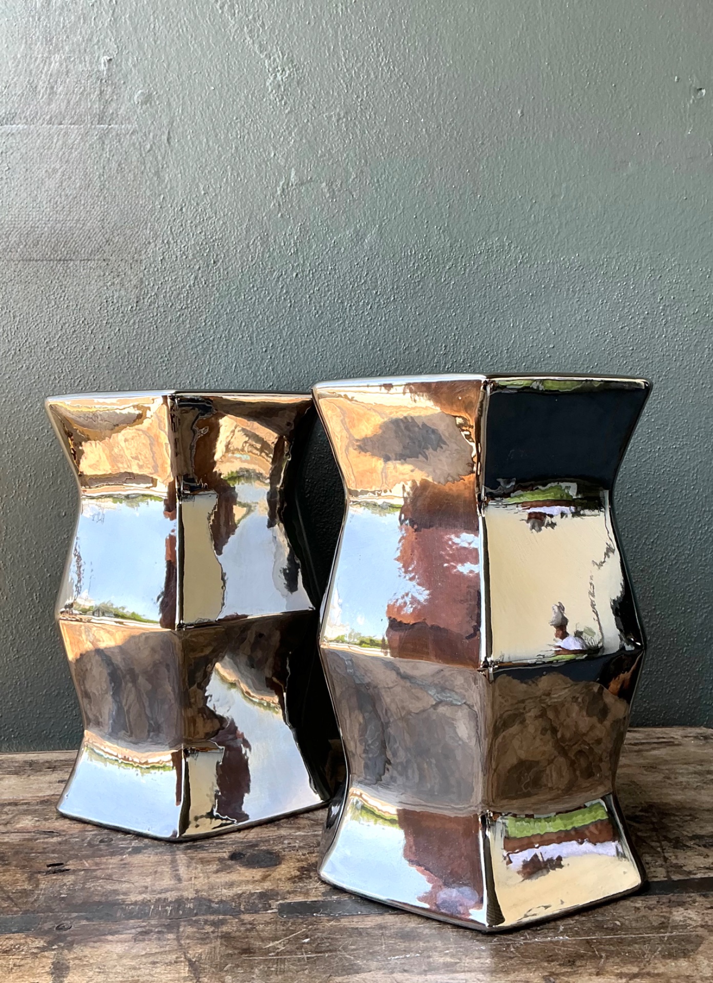 Vintage Faceted Metallic Glaze Low Stools - A Pair - Top view