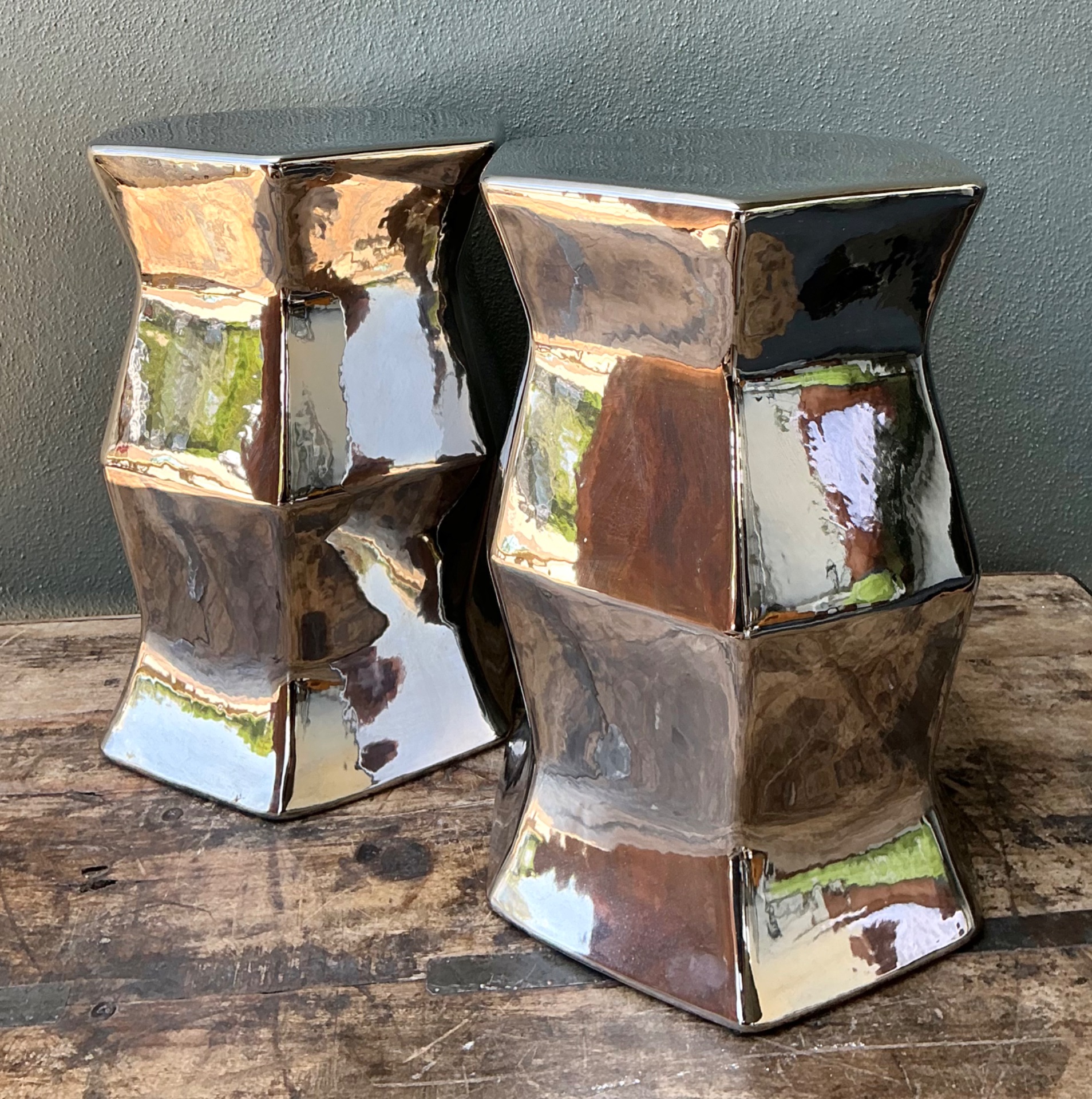 Vintage Faceted Metallic Glaze Low Stools - A Pair - Back view