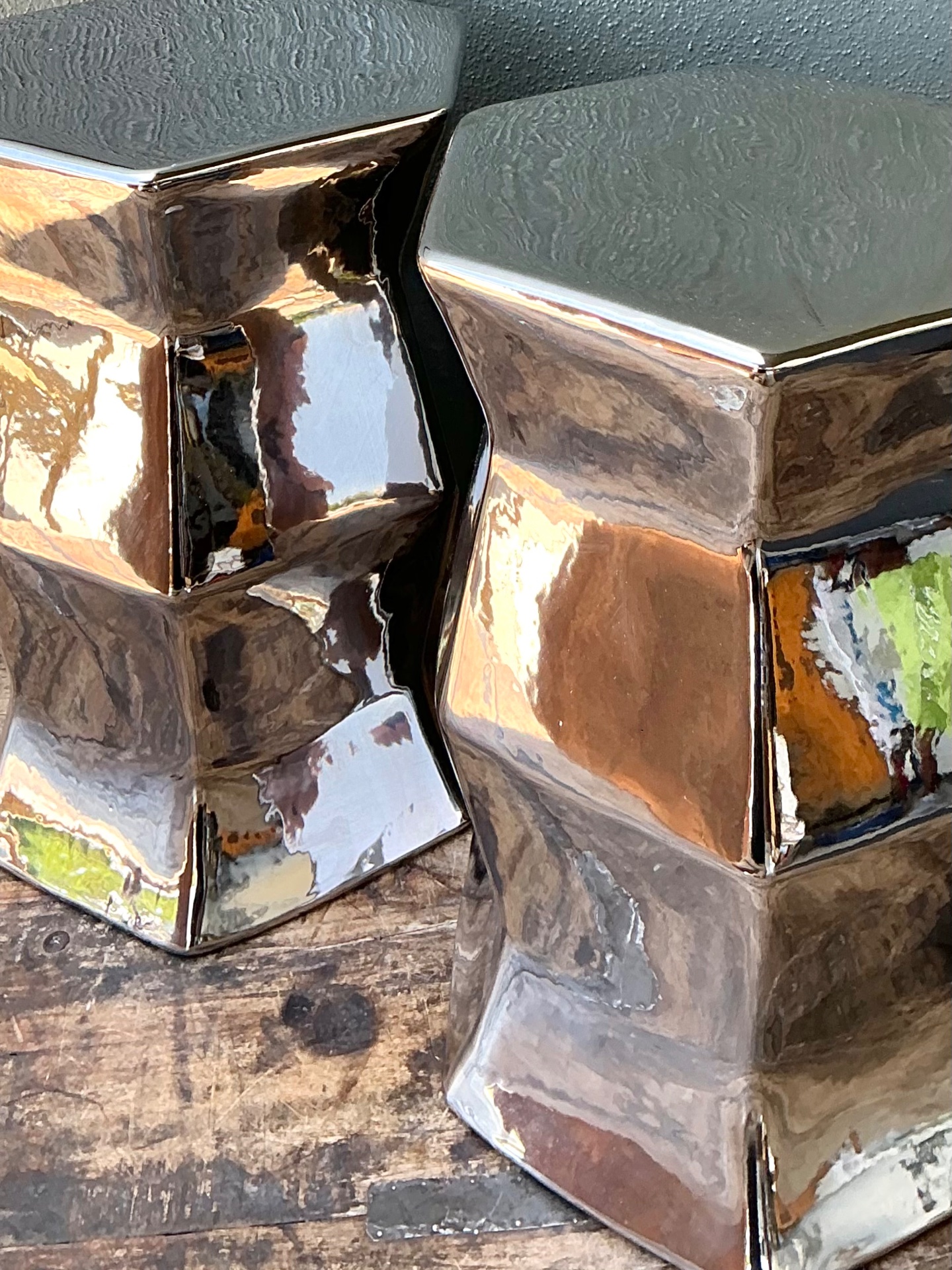 Vintage Faceted Metallic Glaze Low Stools - A Pair - Detail view