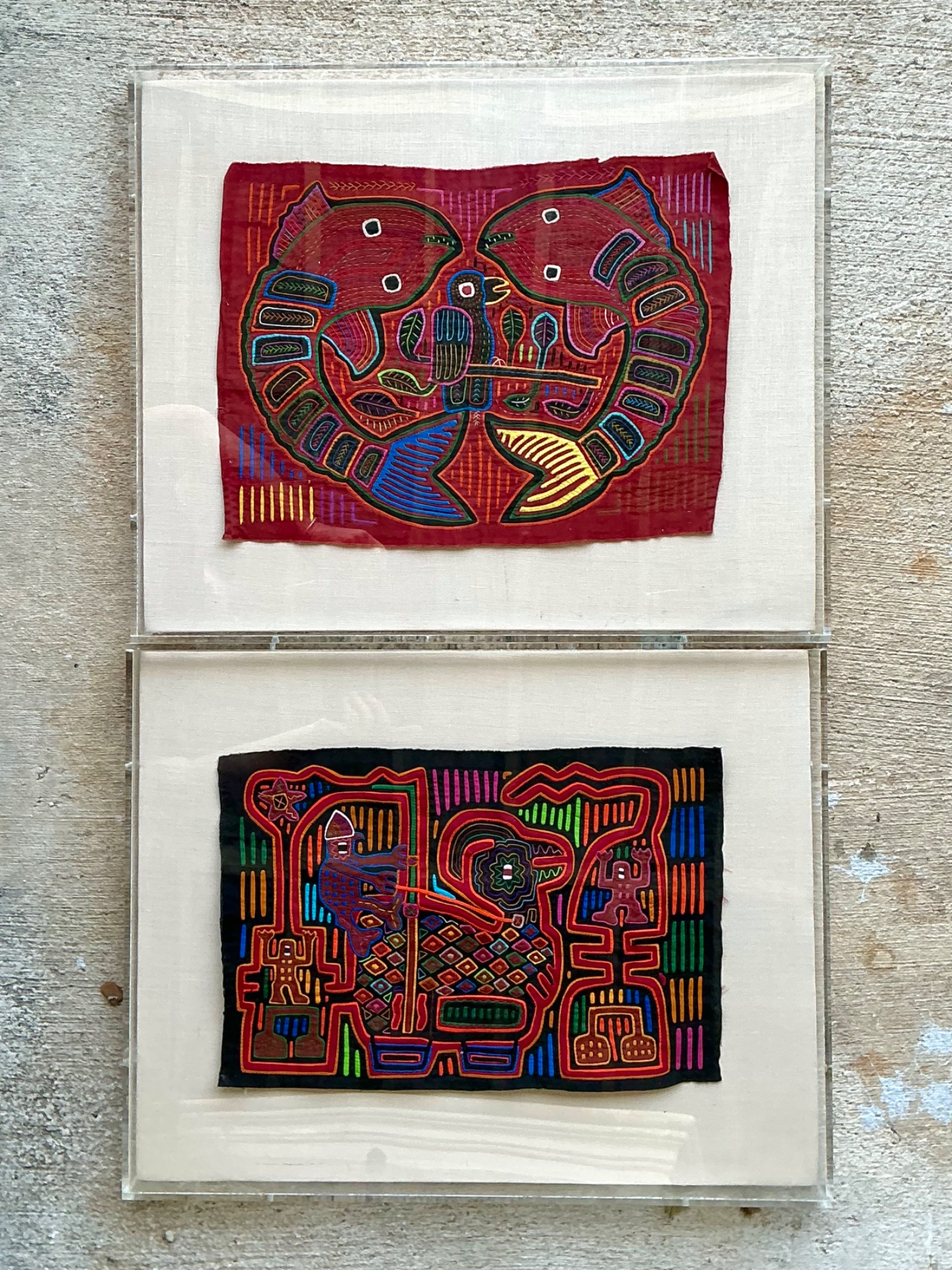 Vintage Lucite Boxed Mola Textile Art - Pair - Top view