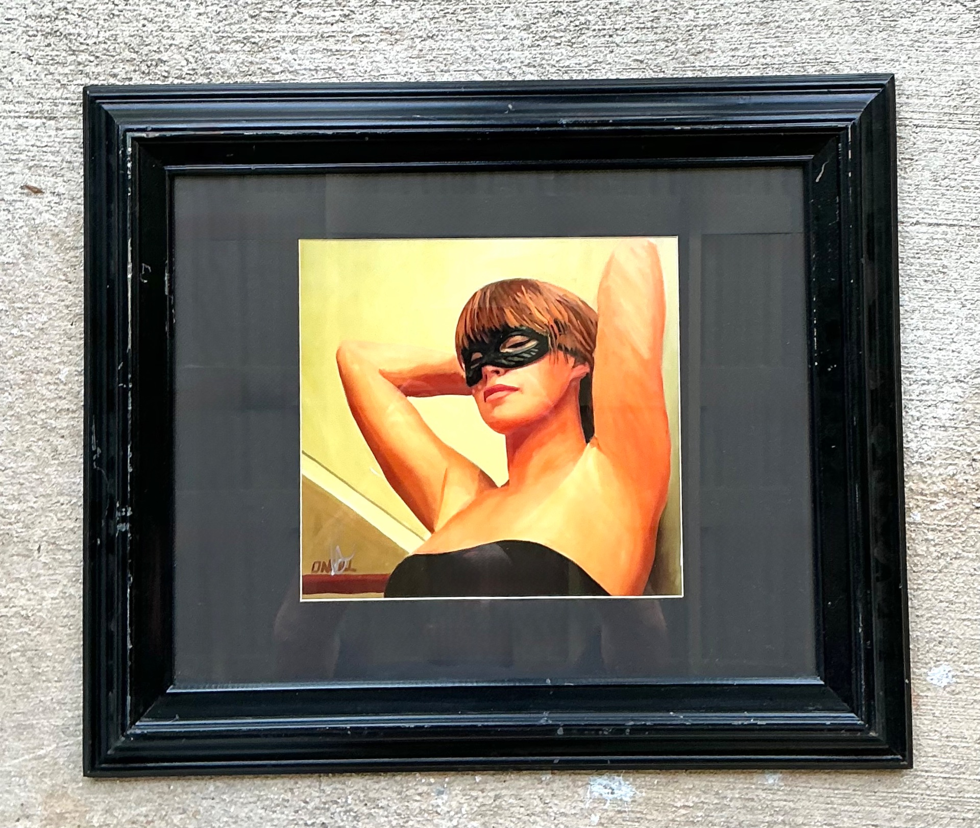 Vintage Masked Lady Oil Print in Black Frame - Detail view
