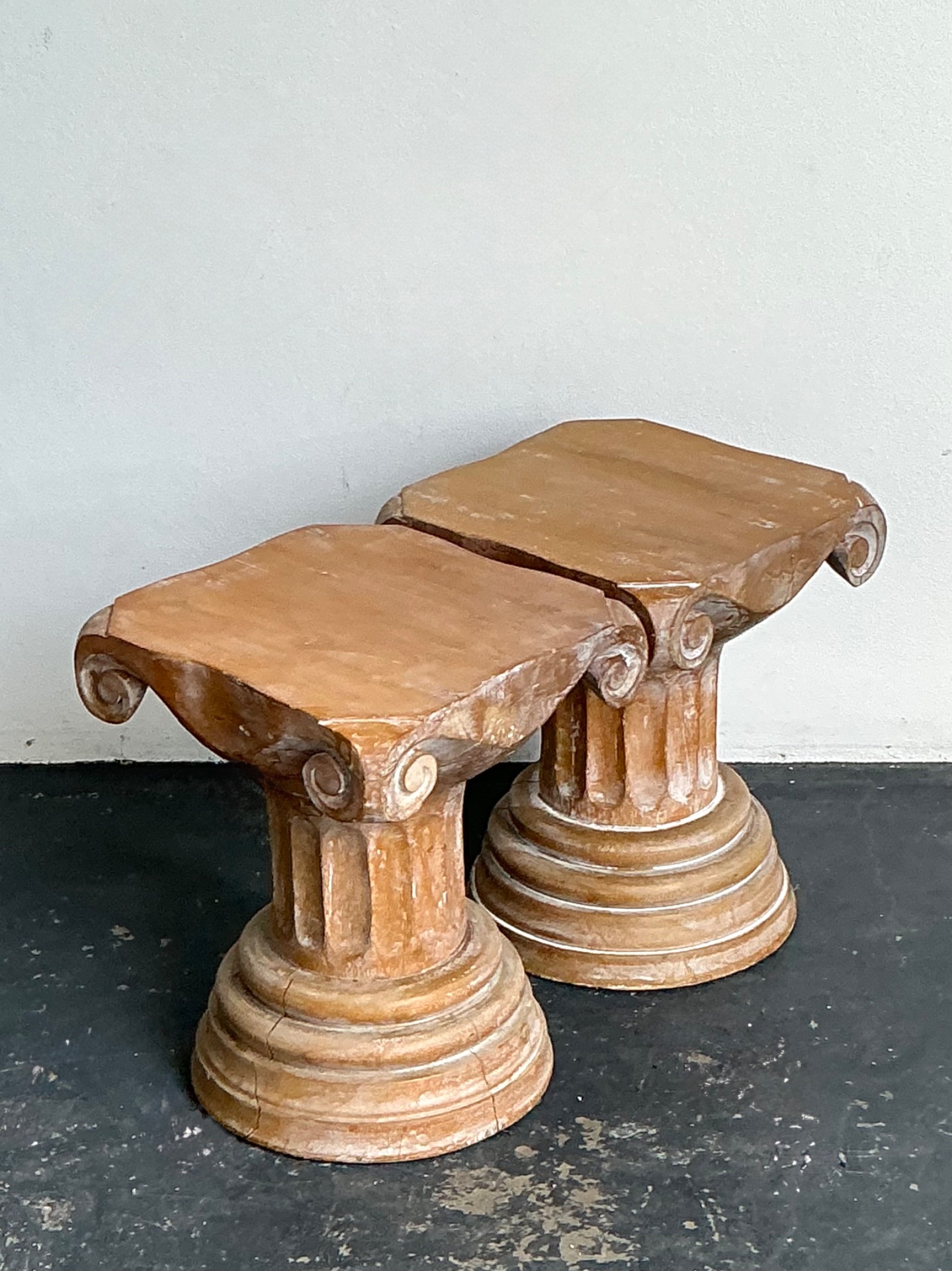 Vintage Corinthian Column Pedestal Low Stools - A Pair - Top view