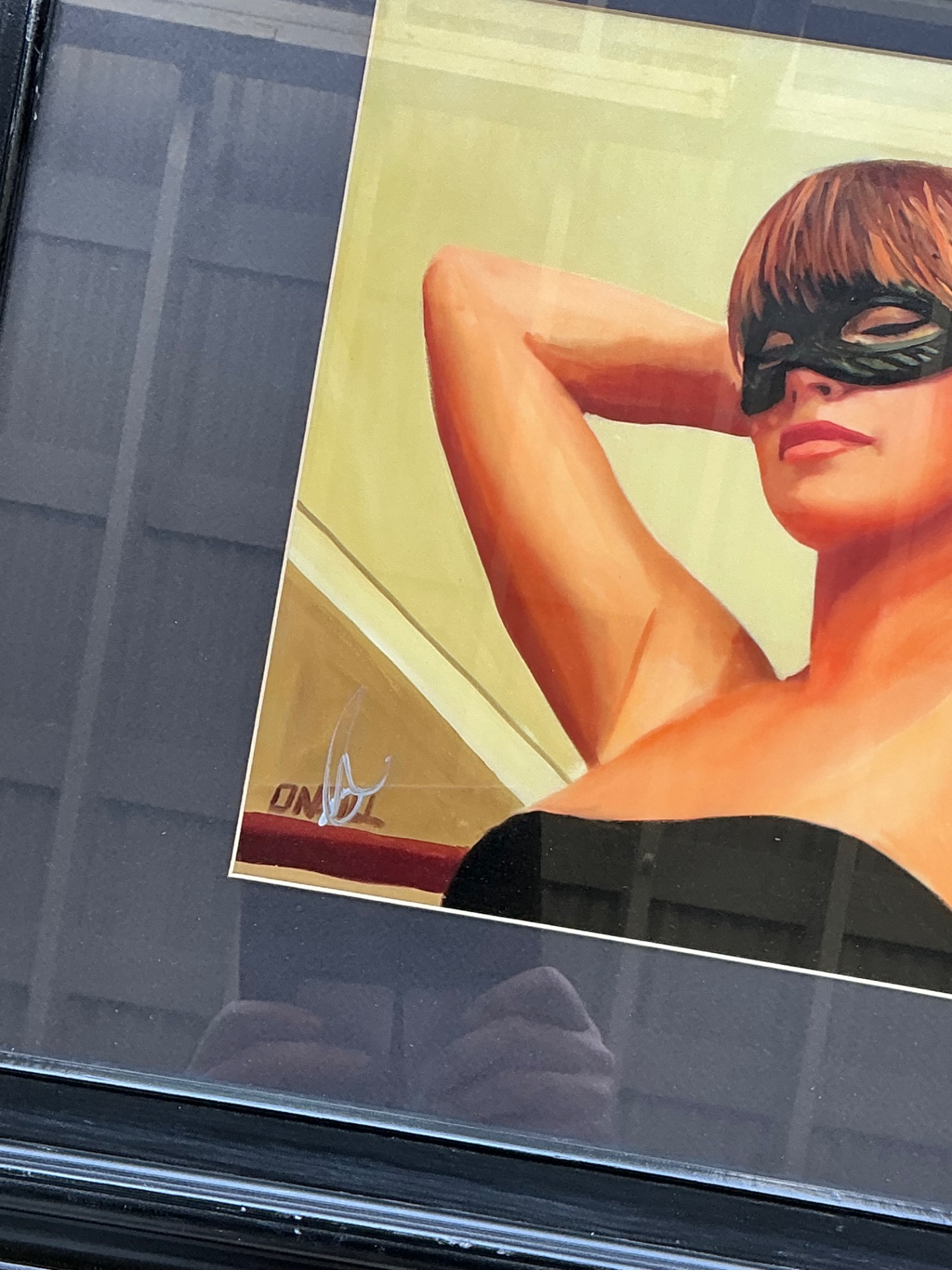 Vintage Masked Lady Oil Print in Black Frame - Side view