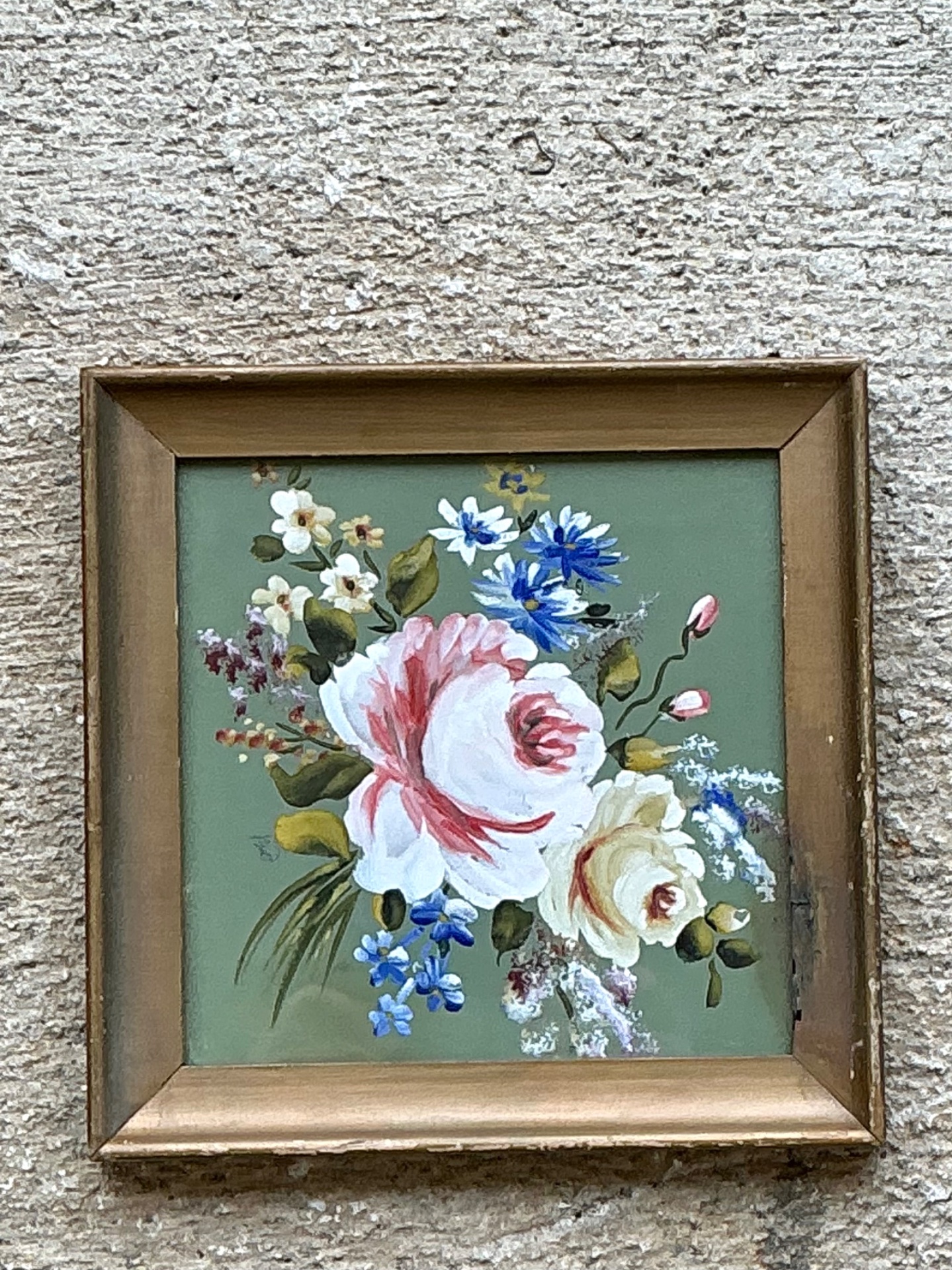 Vintage Floral Oil Painting in Wood Frame - Back view