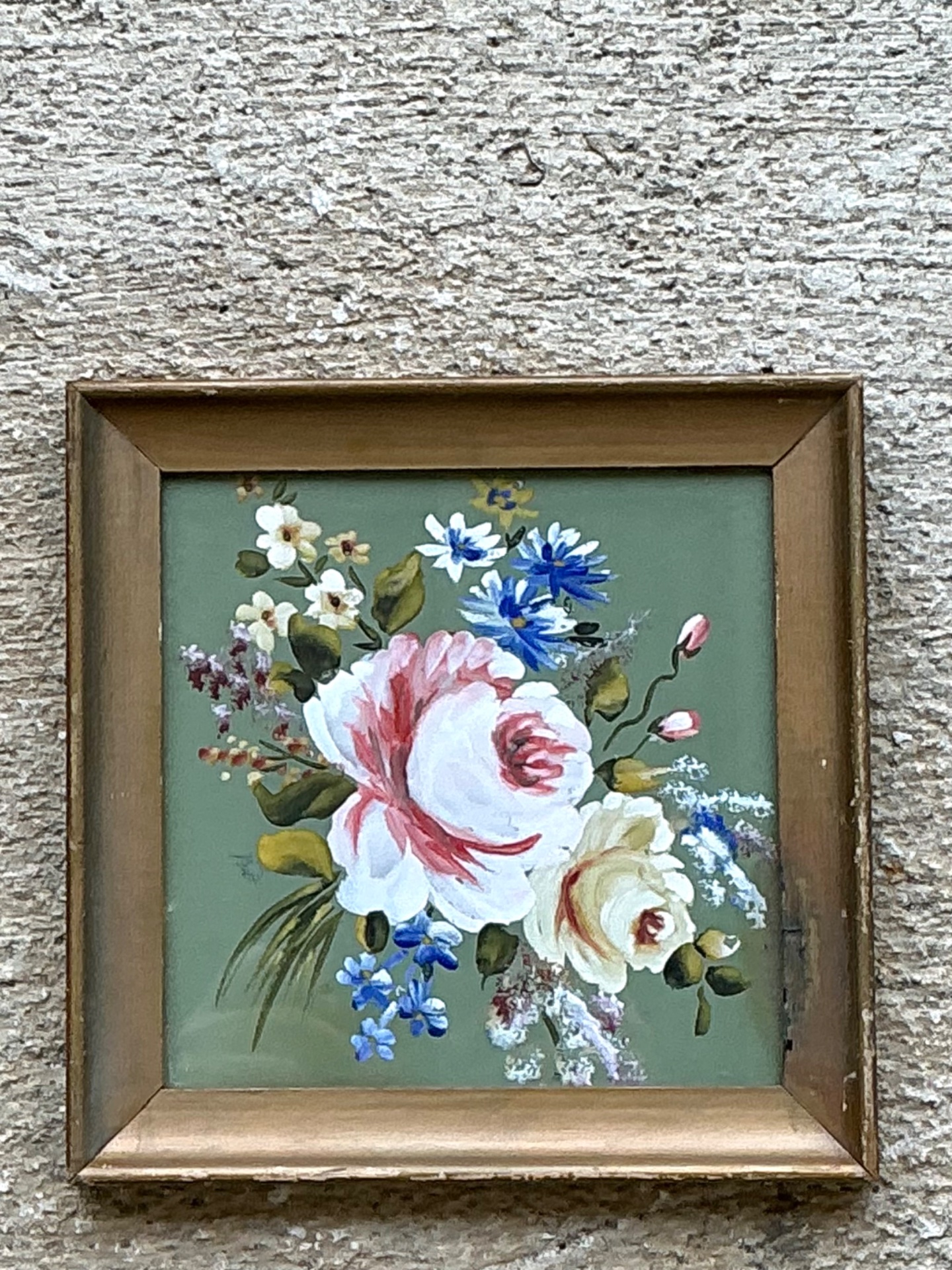 Vintage Floral Oil Painting in Wood Frame - Detail view