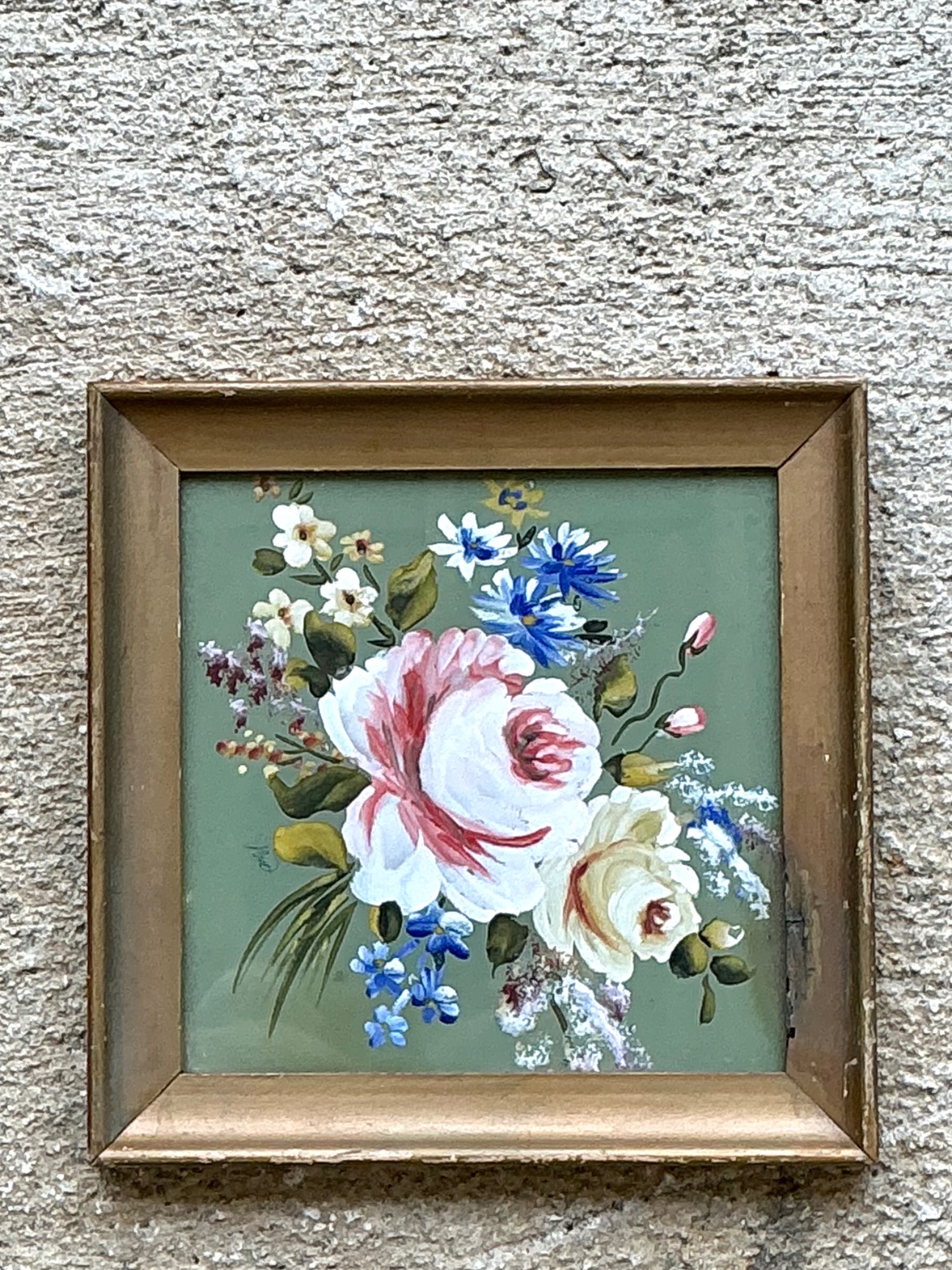 Vintage Floral Oil Painting in Wood Frame - Top view