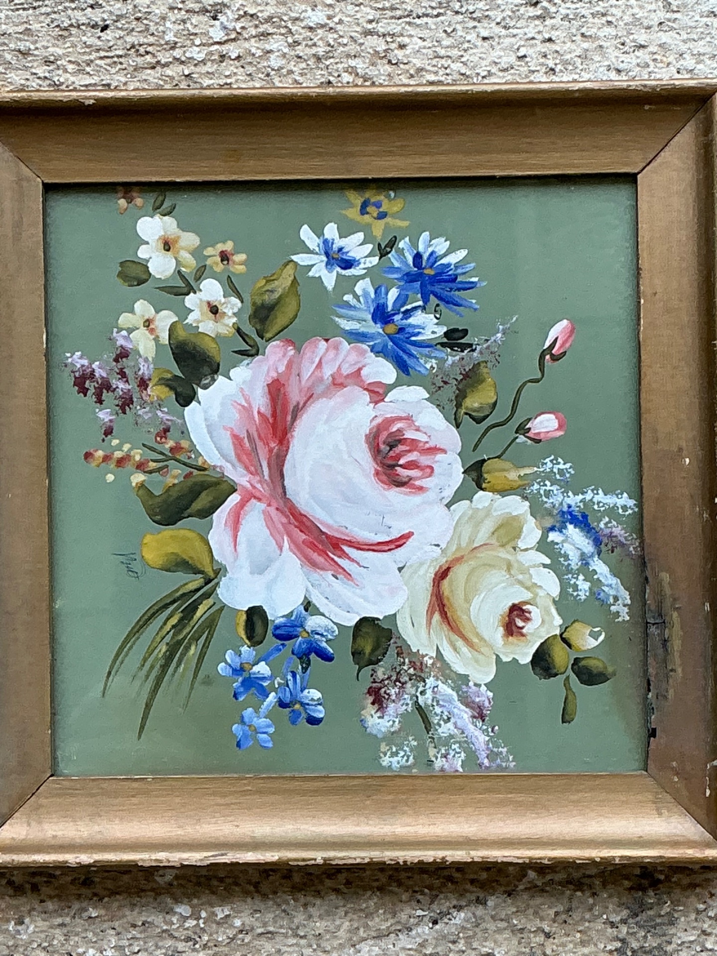 Vintage Floral Oil Painting in Wood Frame - Side view