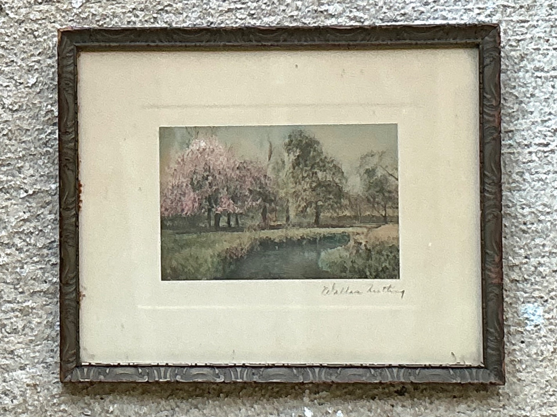Wallace Nutting Hand Colored Landscape Print in Wood Frame - Detail view