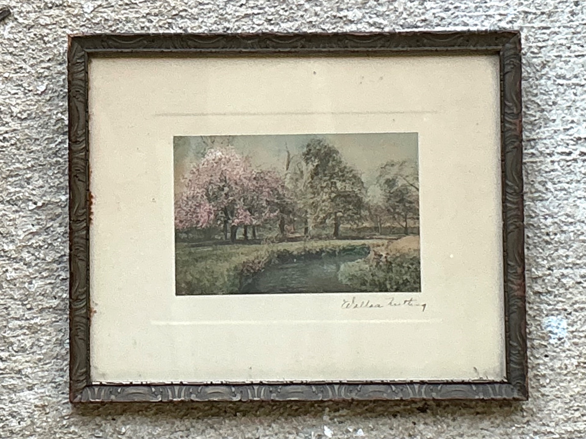 Wallace Nutting Hand Colored Landscape Print in Wood Frame - Back view