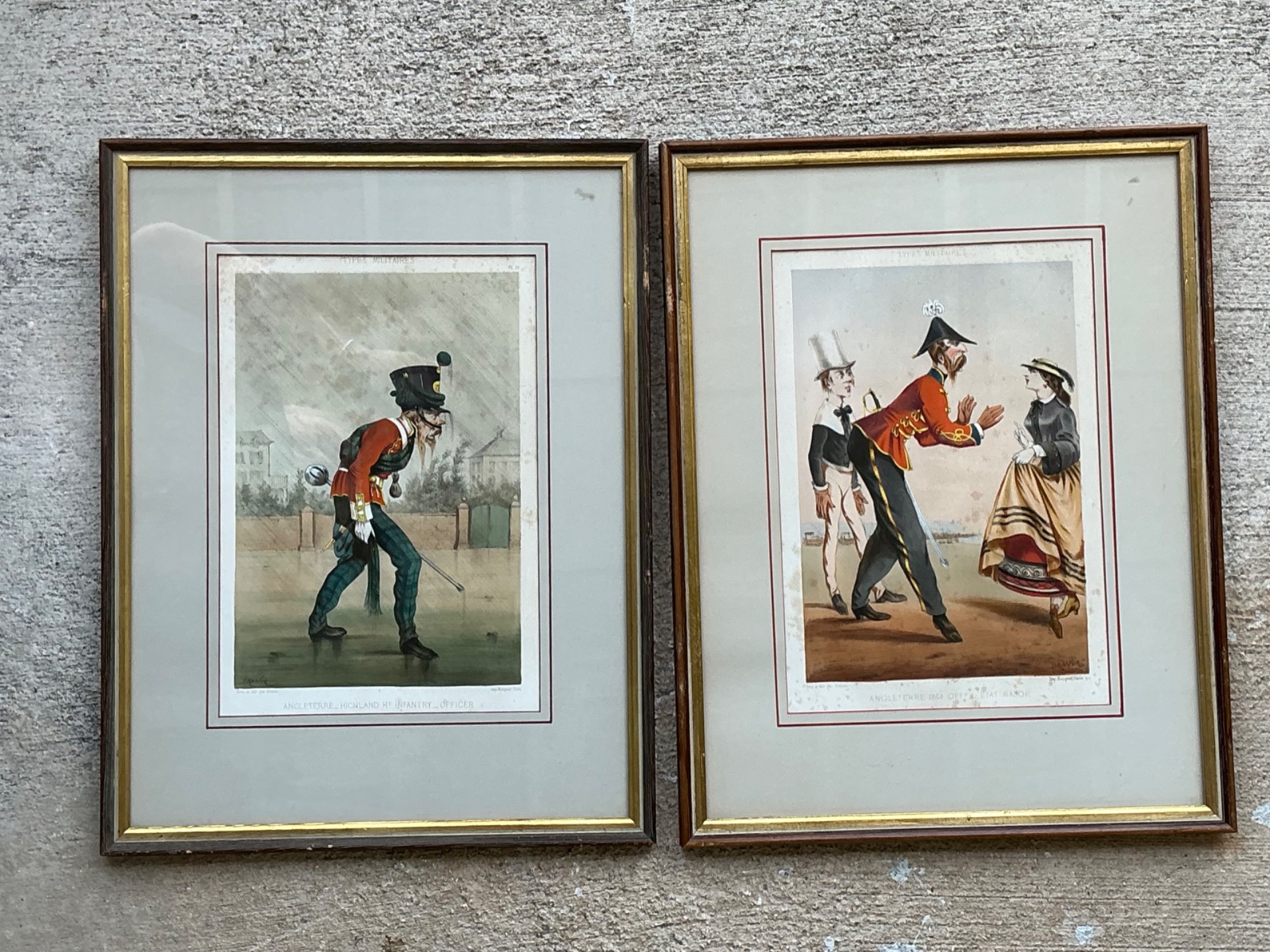 Antique Framed Military Caricature Prints - Pair - Top view