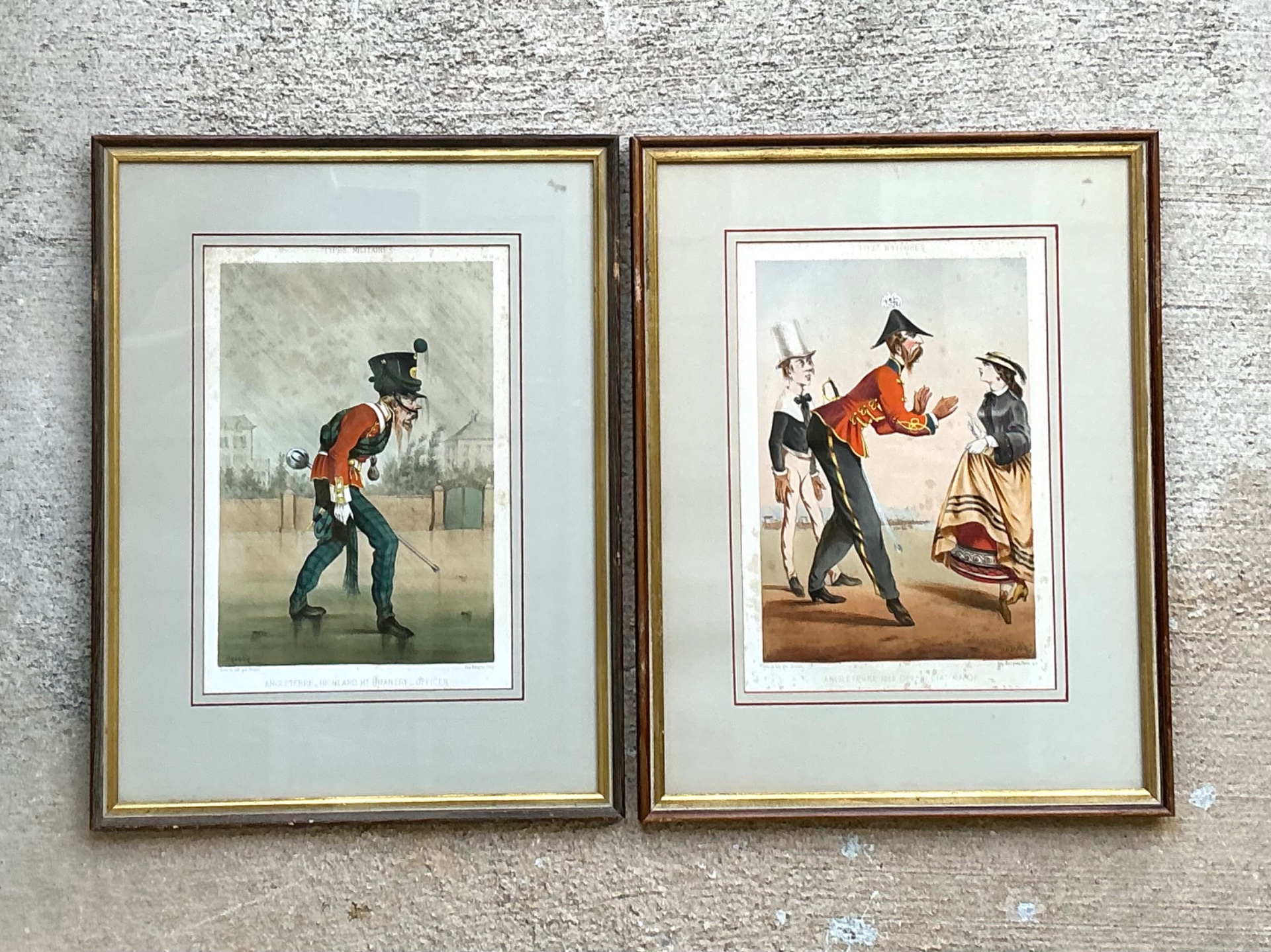 Antique Framed Military Caricature Prints - Pair - Side view