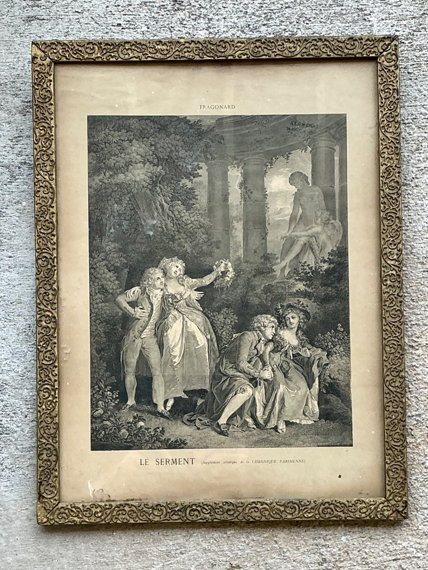Vintage Fragonard Engraving in Gilt Frame - Top view