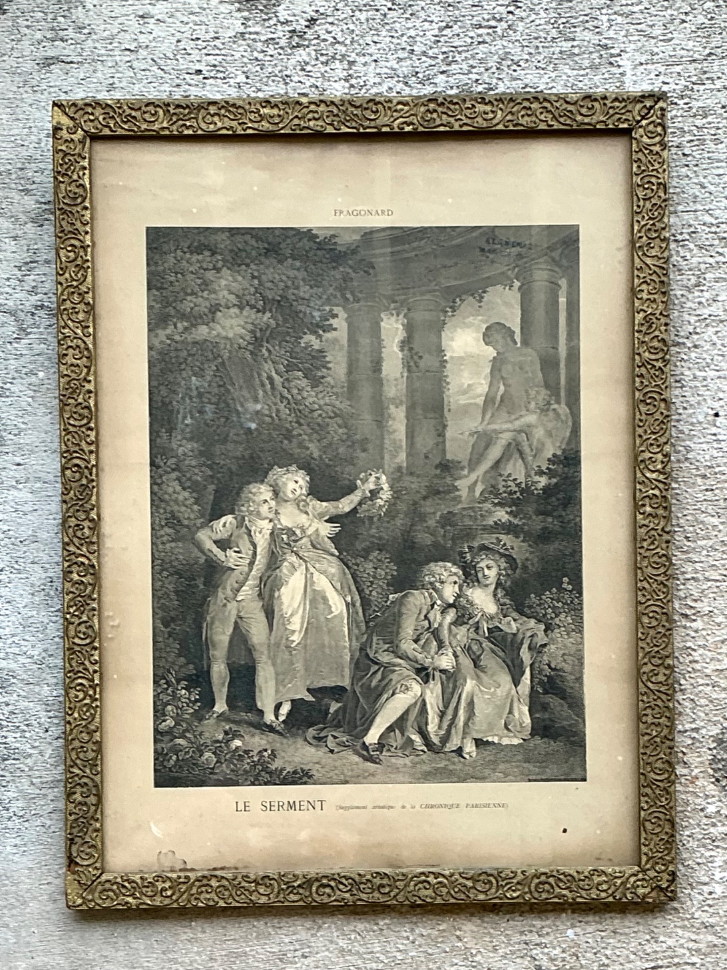 Vintage Fragonard Engraving in Gilt Frame - Side view
