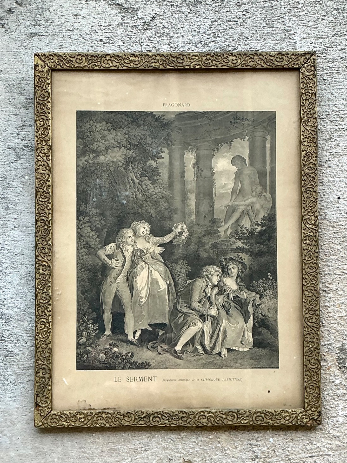 Vintage Fragonard Engraving in Gilt Frame - Top view