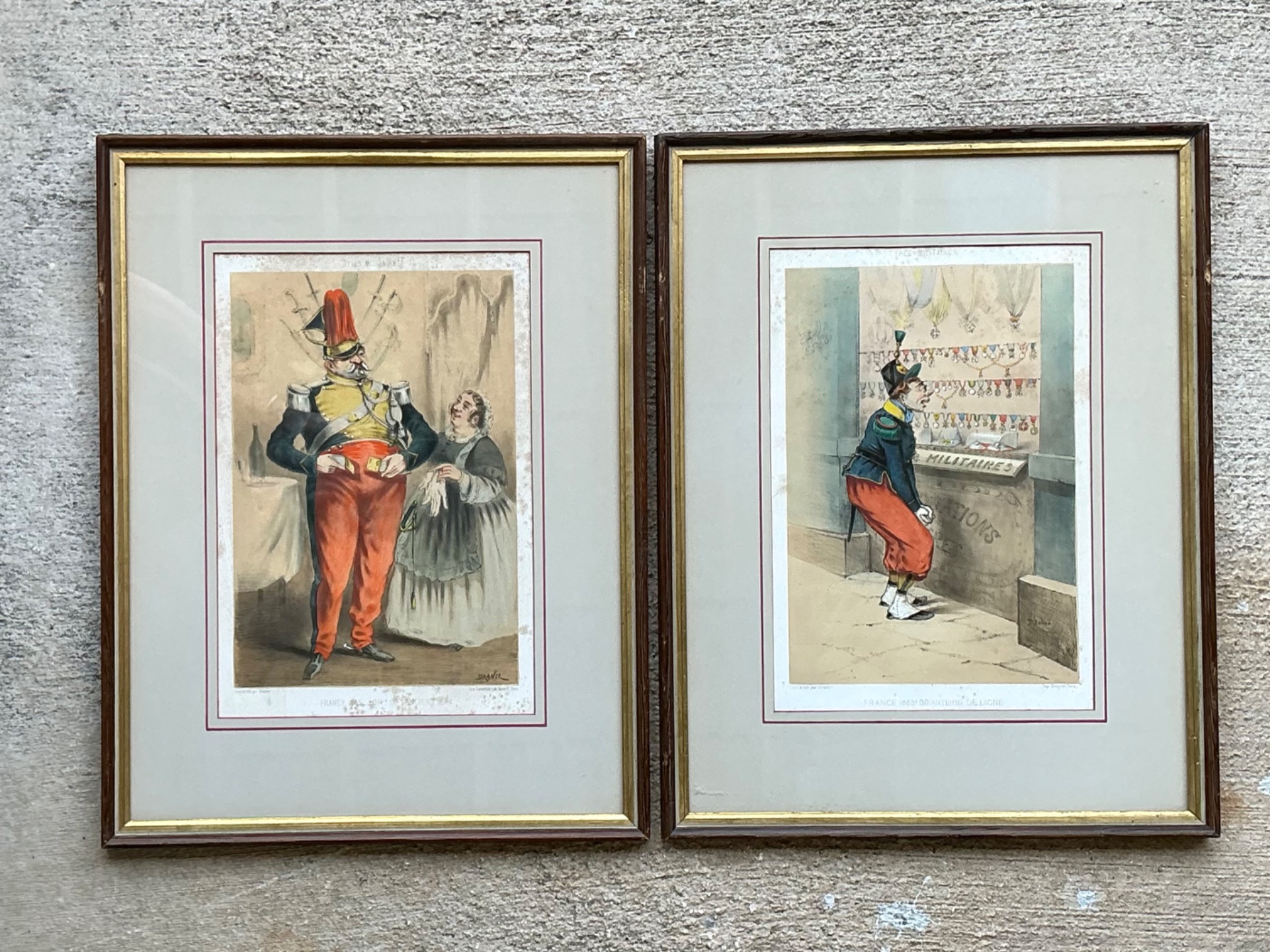 Antique Framed Military Caricature Prints - Pair - Top view
