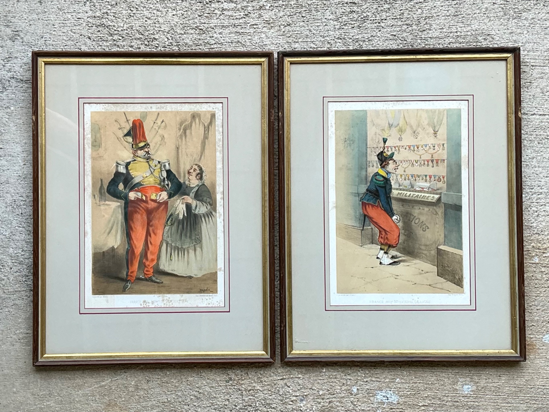 Antique Framed Military Caricature Prints - Pair - Side view