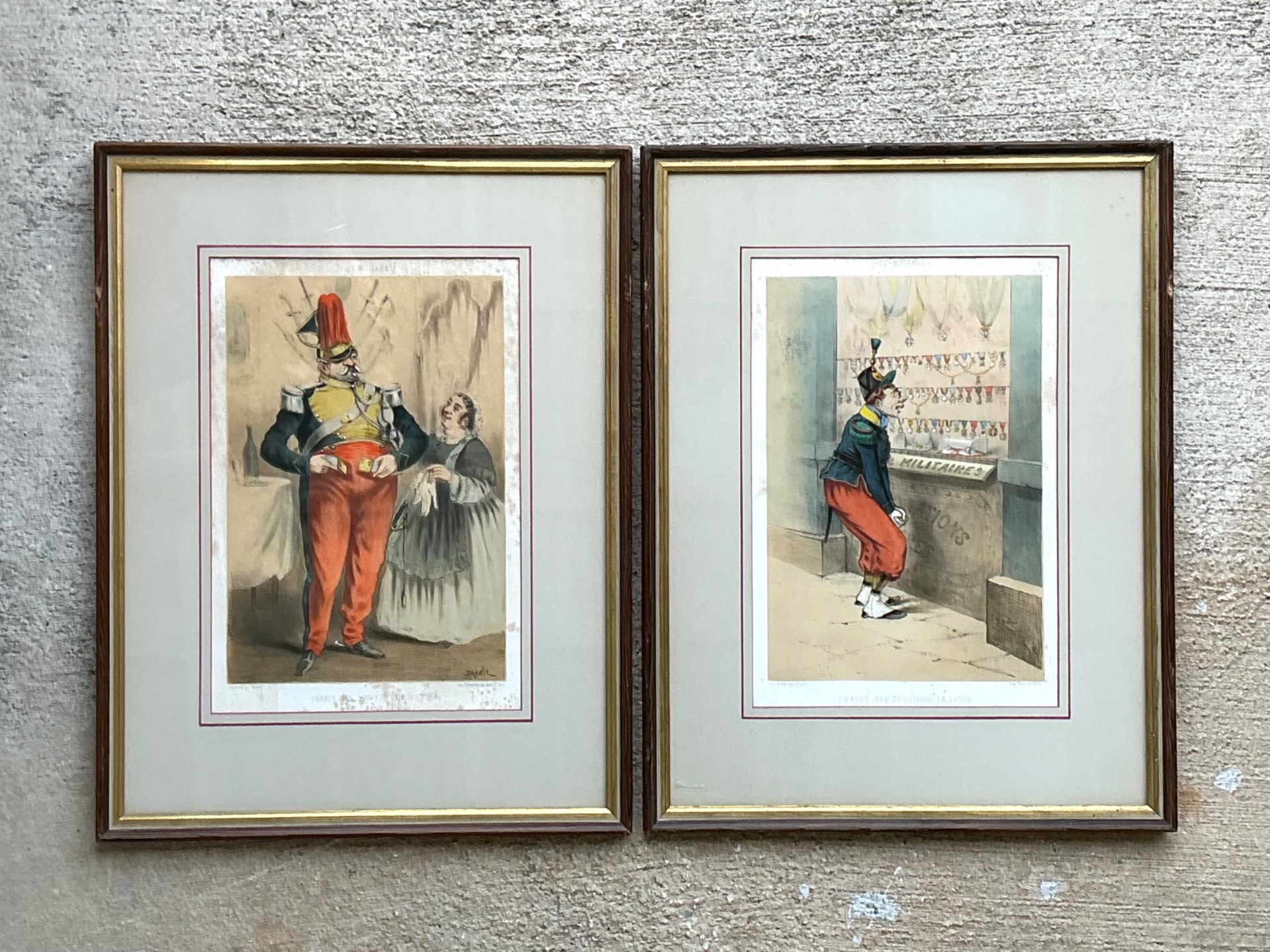 Antique Framed Military Caricature Prints - Pair - Top view