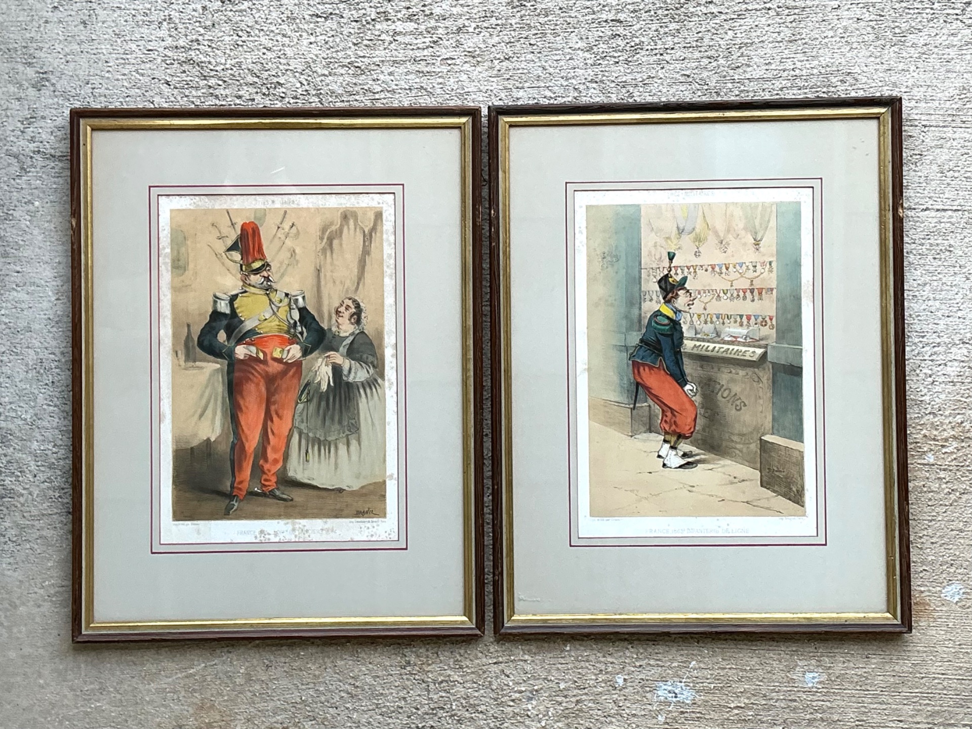Antique Framed Military Caricature Prints - Pair - Detail view