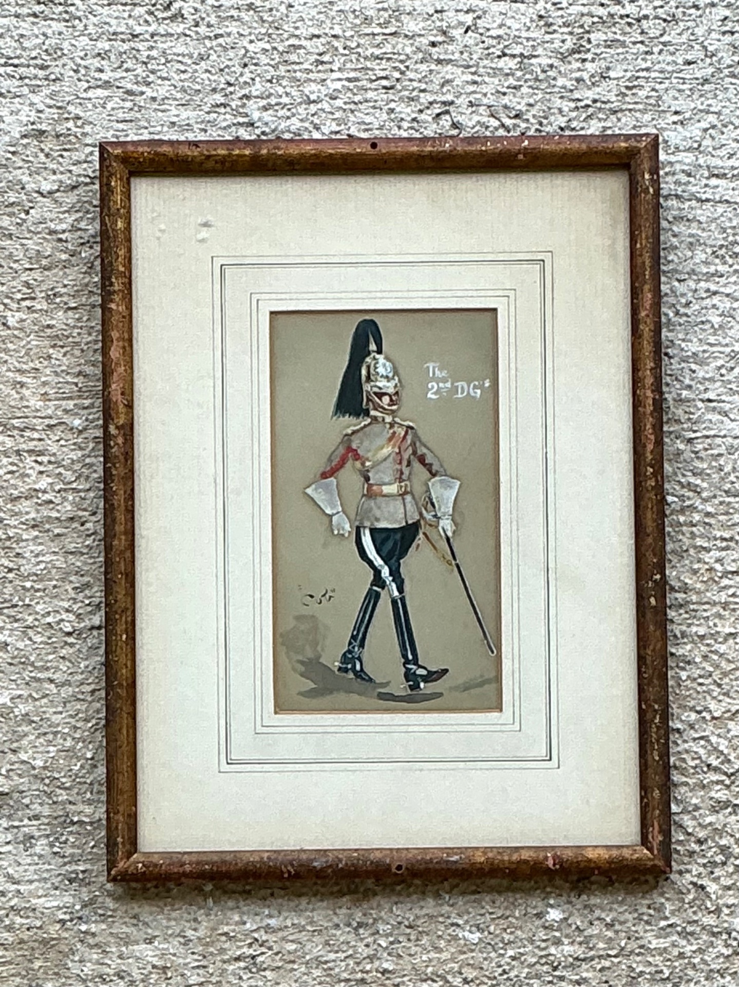 Antique Cavalry Officer Illustration in Wood Frame - Side view