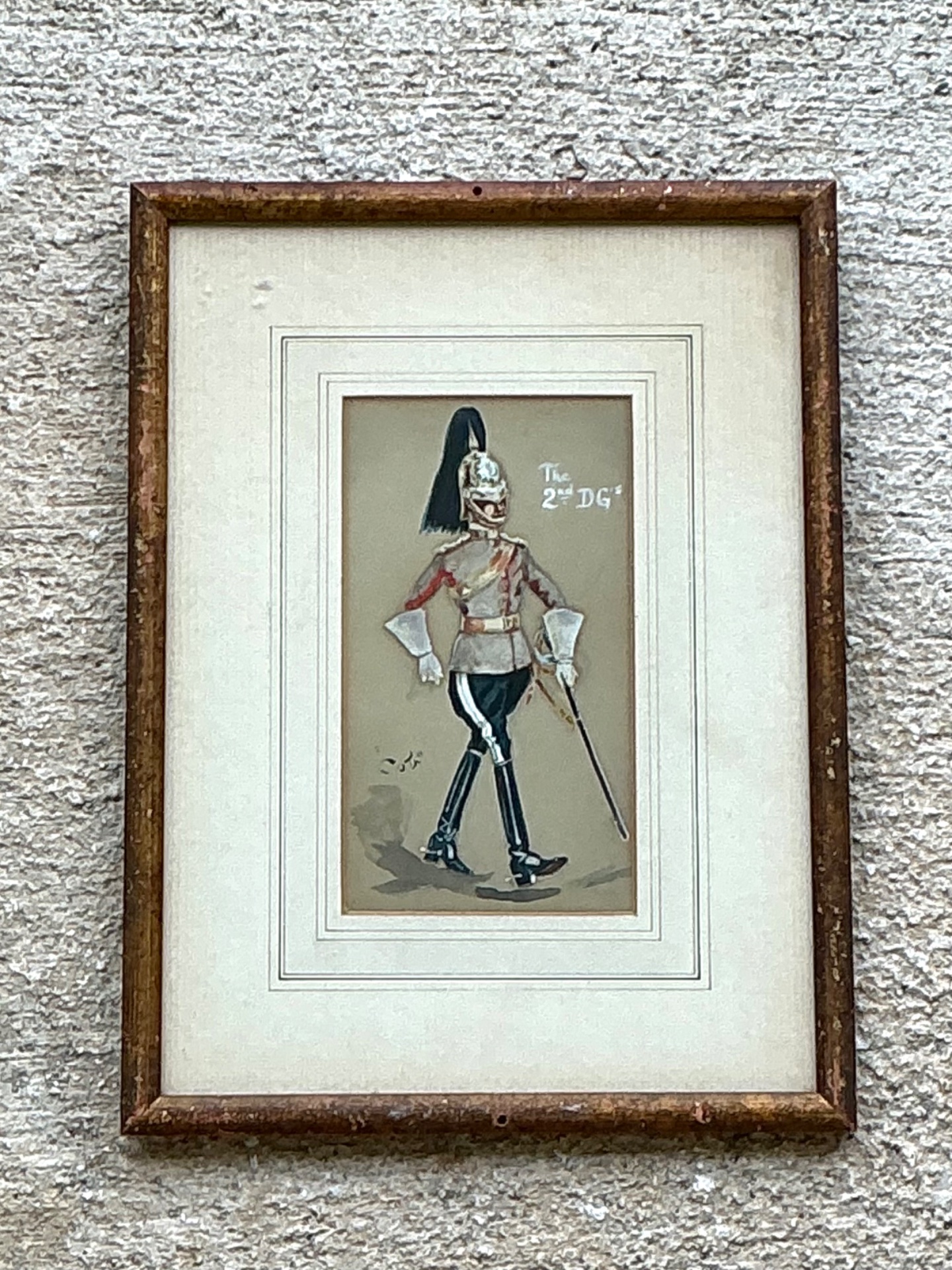 Antique Cavalry Officer Illustration in Wood Frame - Top view