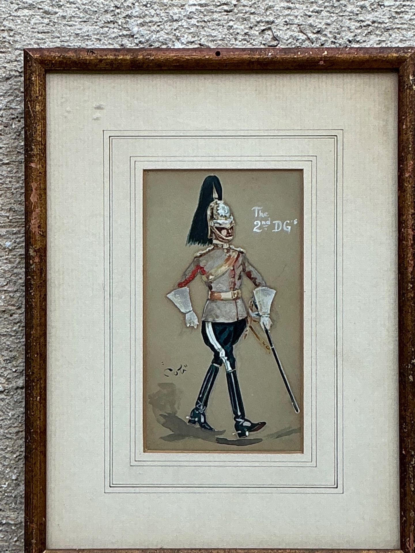 Antique Cavalry Officer Illustration in Wood Frame - Detail view