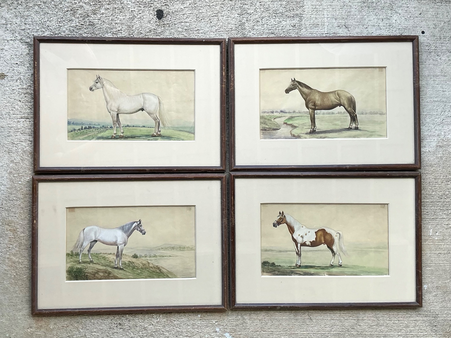 Vintage Equestrian Watercolor Prints in Wood Frames - Set of 4 - Side view
