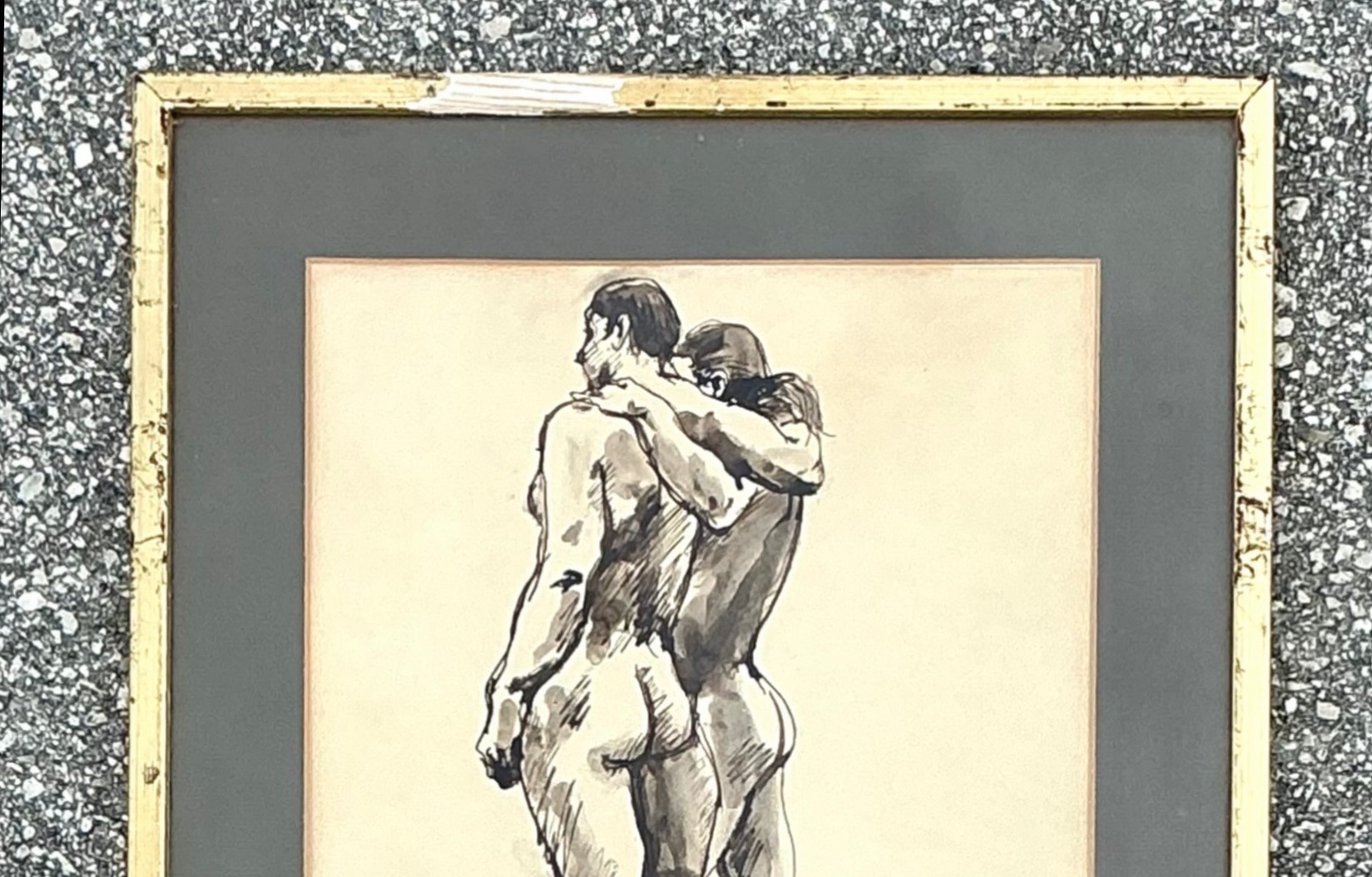 Vintage Original 1977 Framed Figurative Male Nudes - Back view