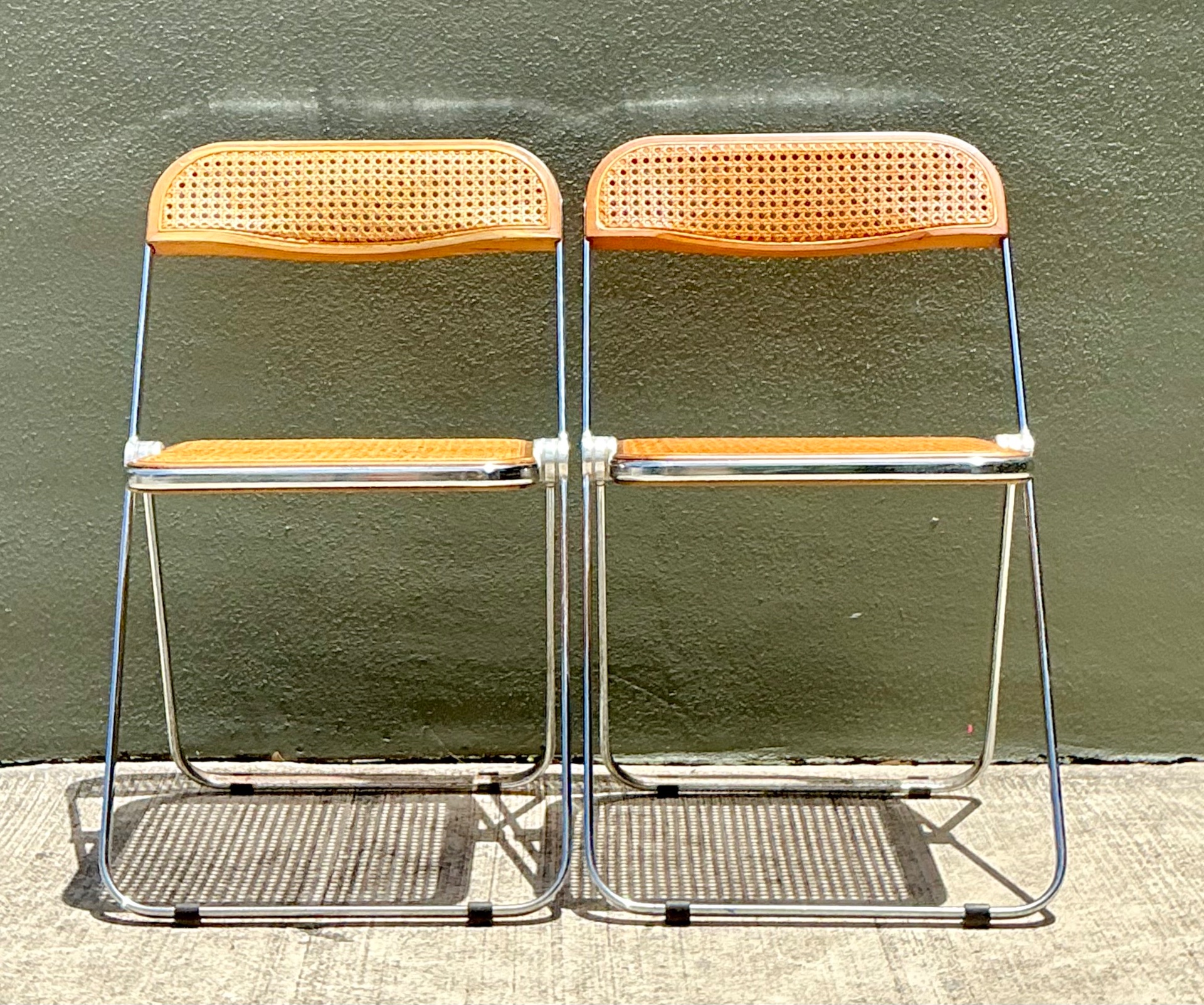 Vintage Italian Chrome And Cane Folding Chairs - A Pair - Detail view
