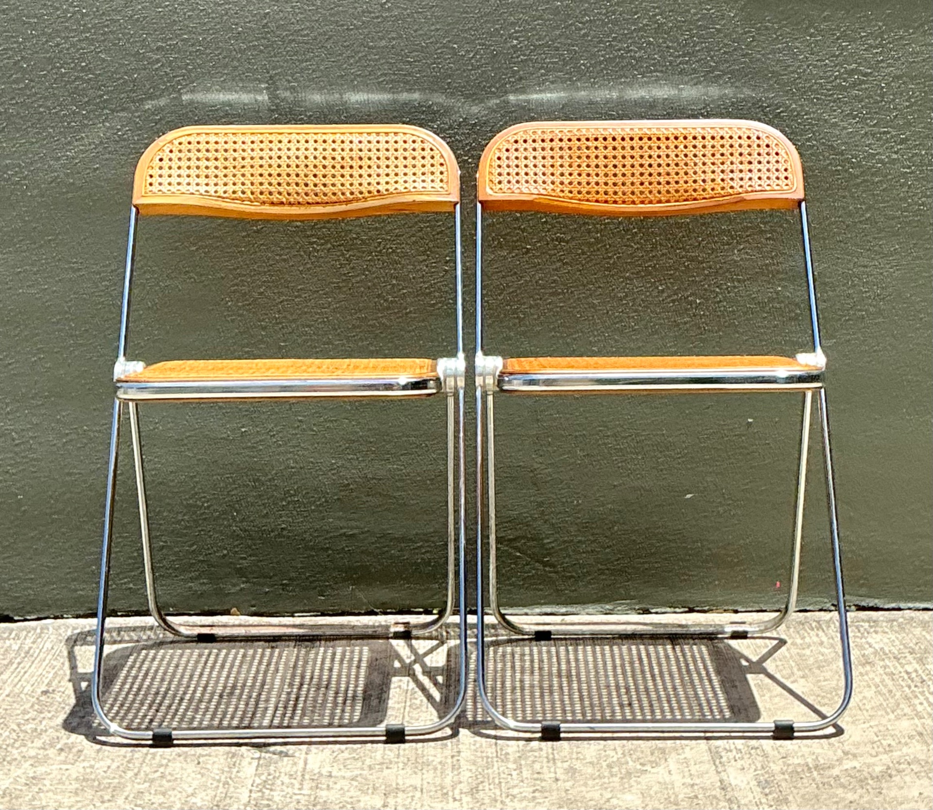 Vintage Italian Chrome And Cane Folding Chairs - A Pair - Back view