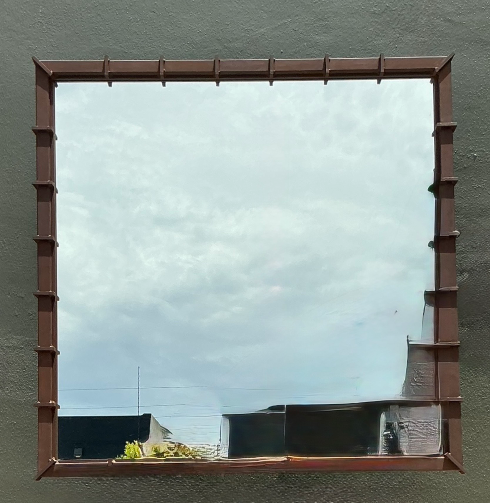 Vintage Patinated Metal and Mirrored Glass Wall Mirror - Top view