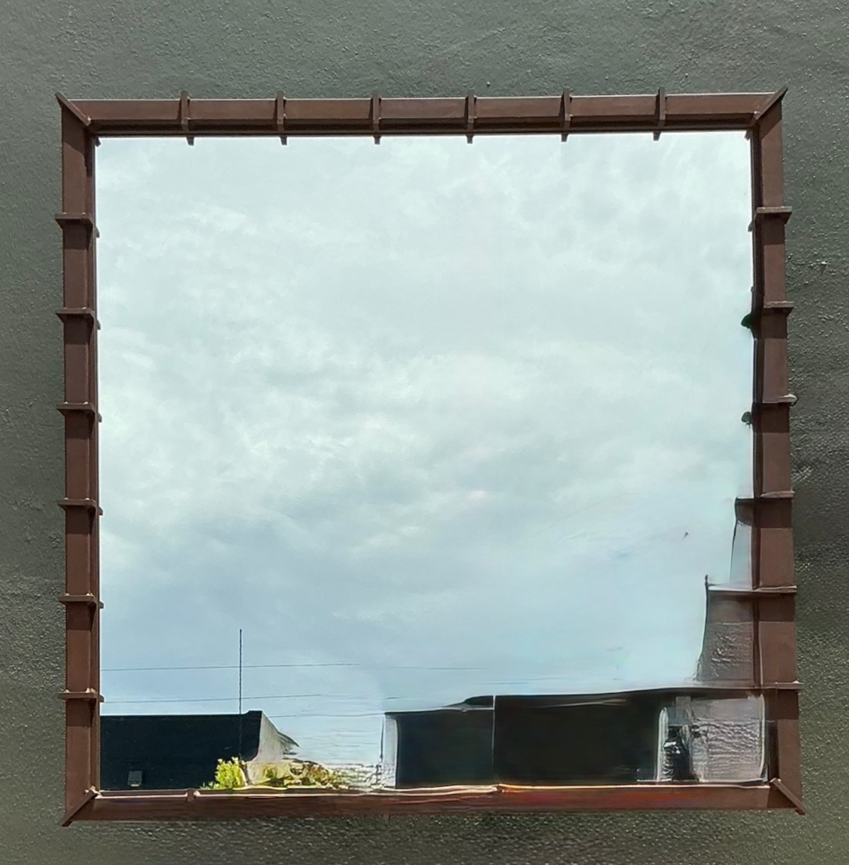 Vintage Patinated Metal and Mirrored Glass Wall Mirror - Detail view