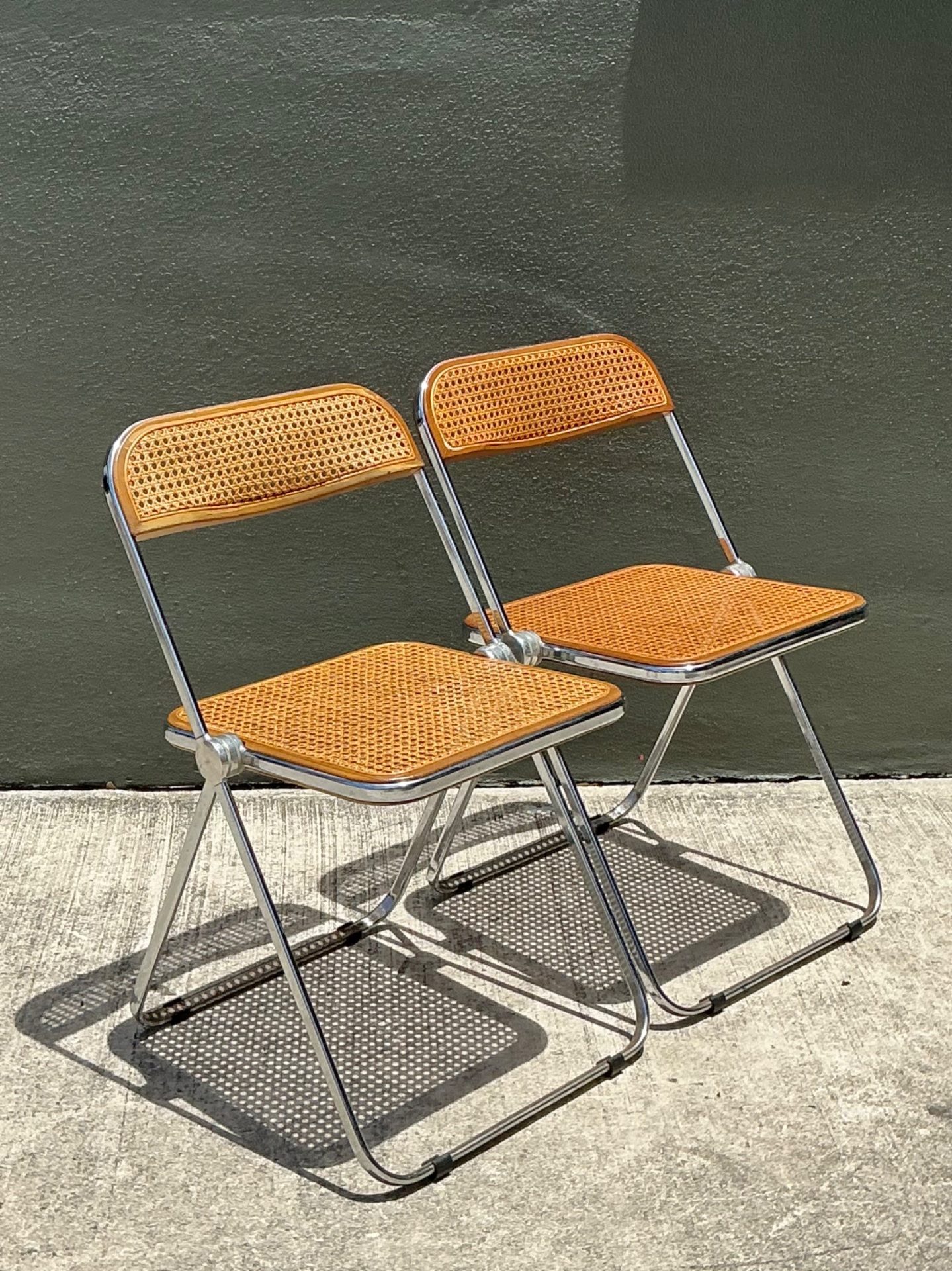 Vintage Italian Chrome And Cane Folding Chairs - A Pair - Top view