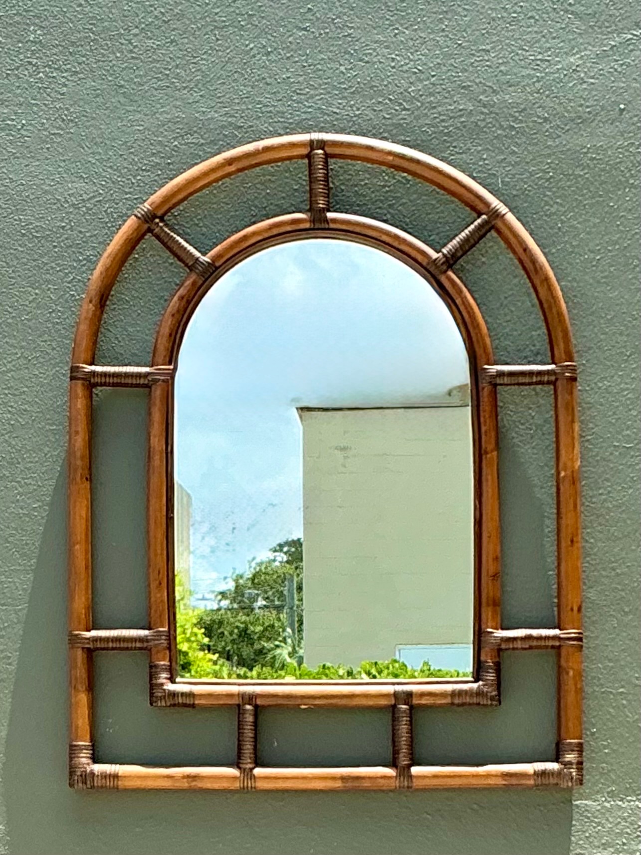 Vintage Rattan Arched Wall Mirror - Back view