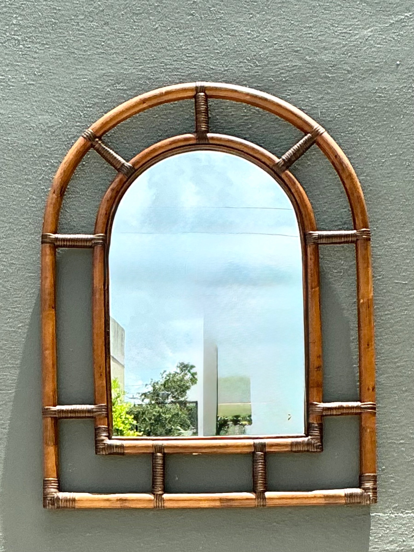 Vintage Rattan Arched Wall Mirror - Side view