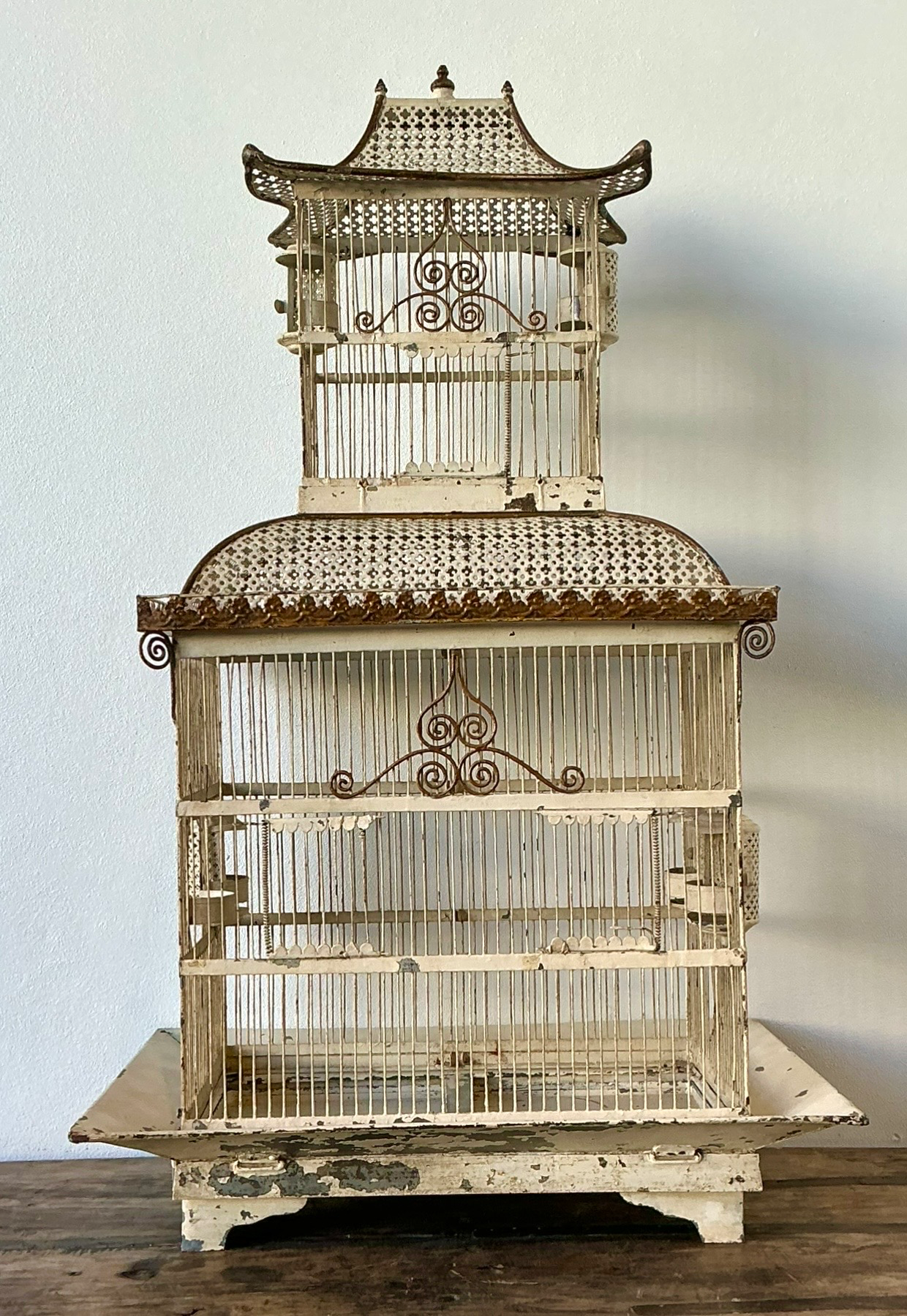 Vintage Distressed Chinoiserie Metal Birdcage - Side view