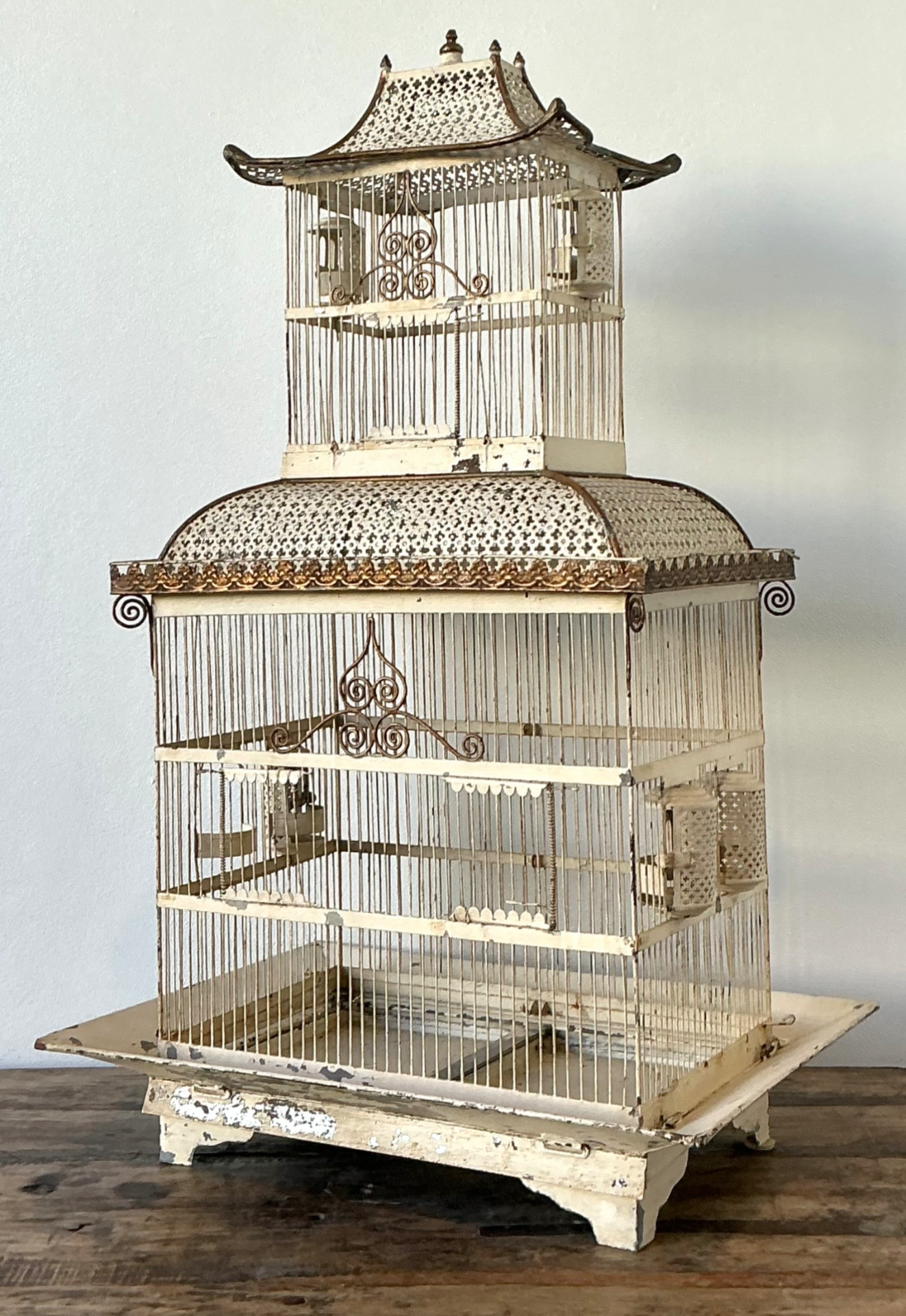 Vintage Distressed Chinoiserie Metal Birdcage - Top view
