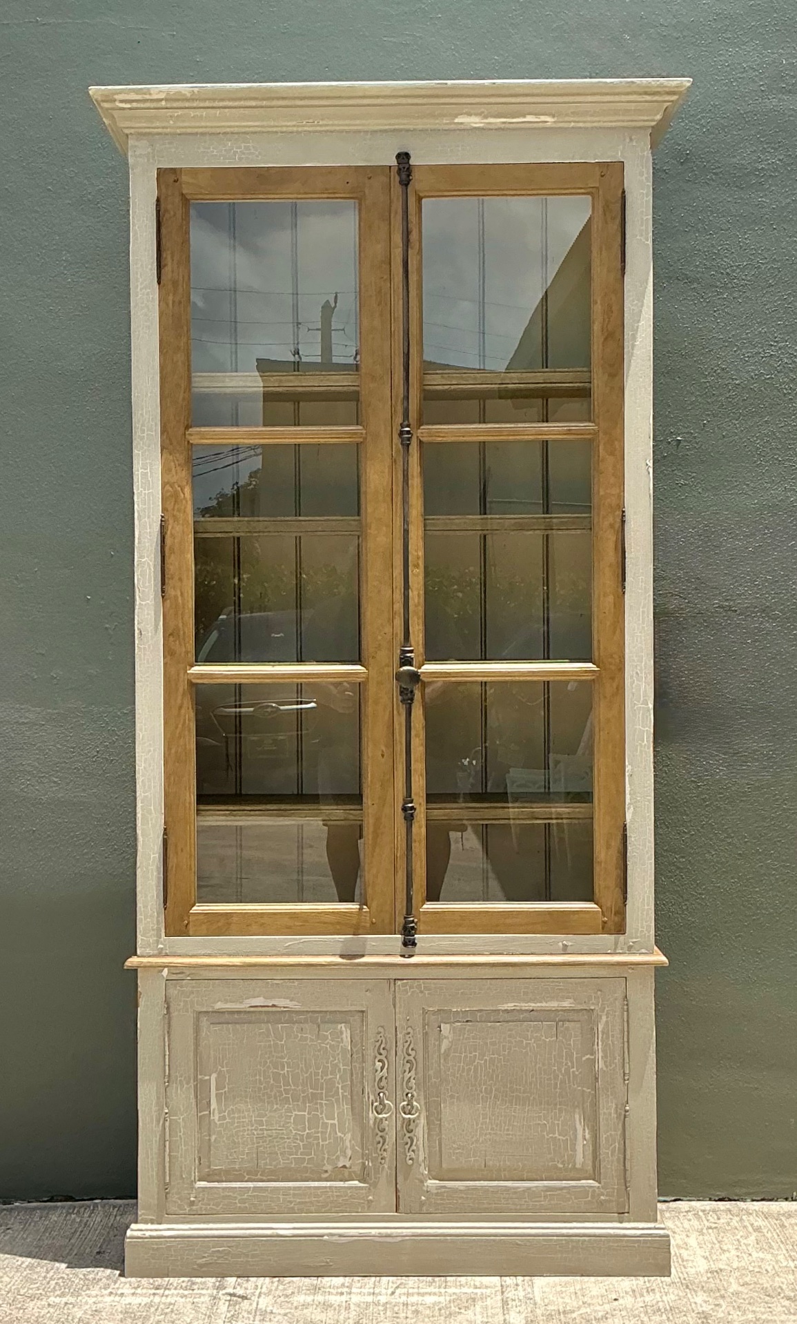 Vintage Distressed Wood and Glass Tall Cabinet - Detail view