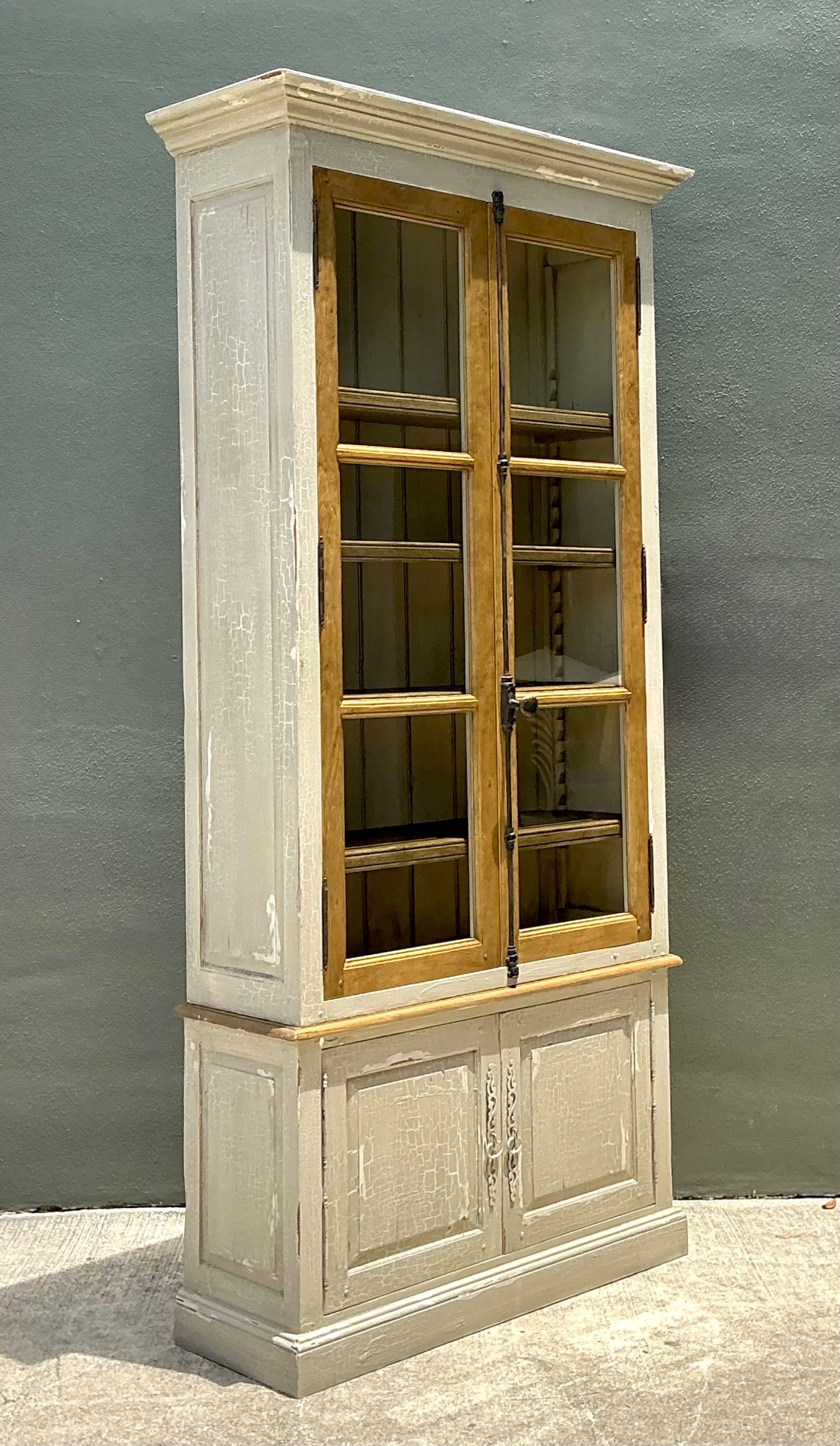 Vintage Distressed Wood and Glass Tall Cabinet - Side view