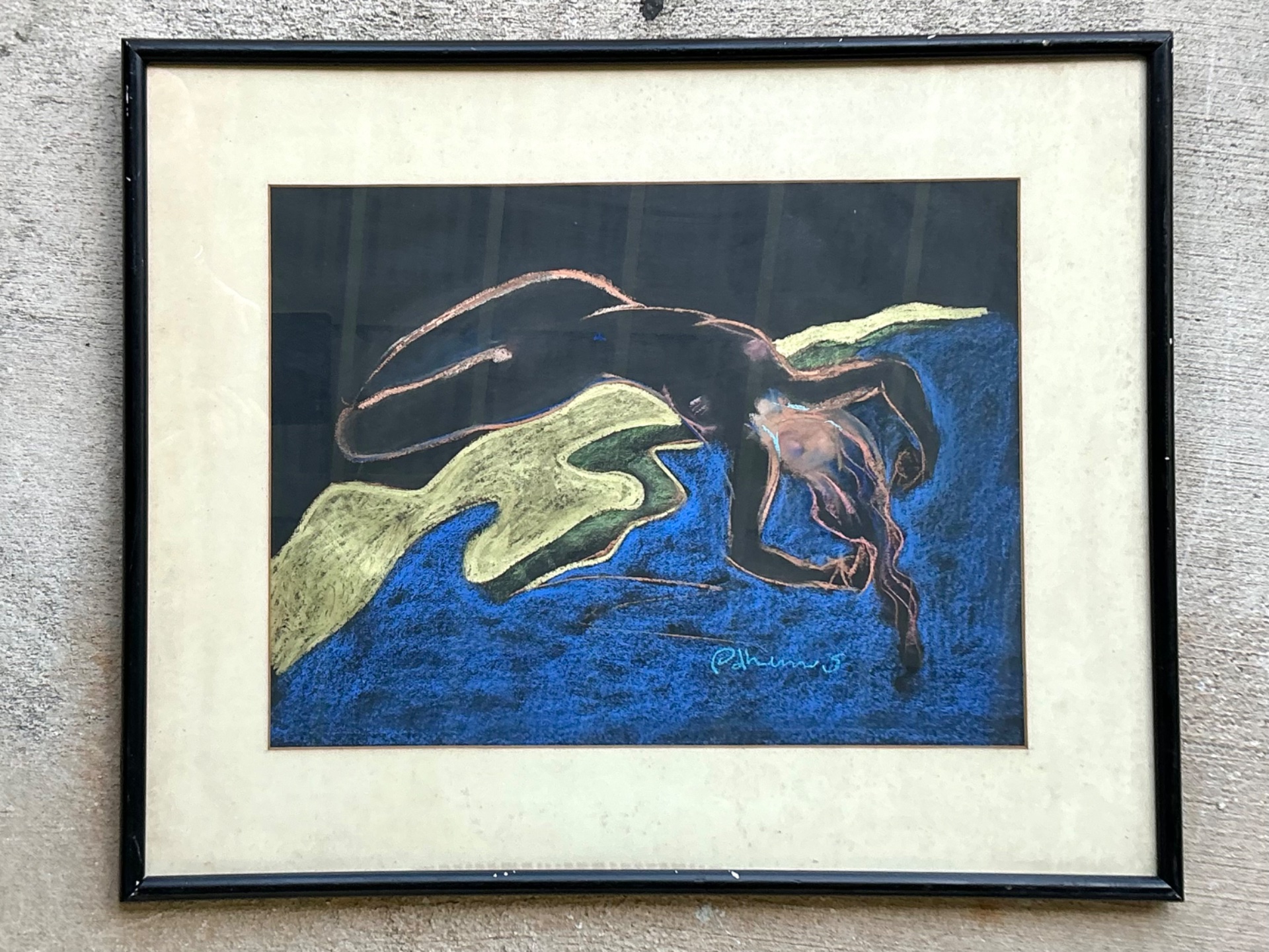 Vintage Abstract Nude Pastel Drawing - Side view