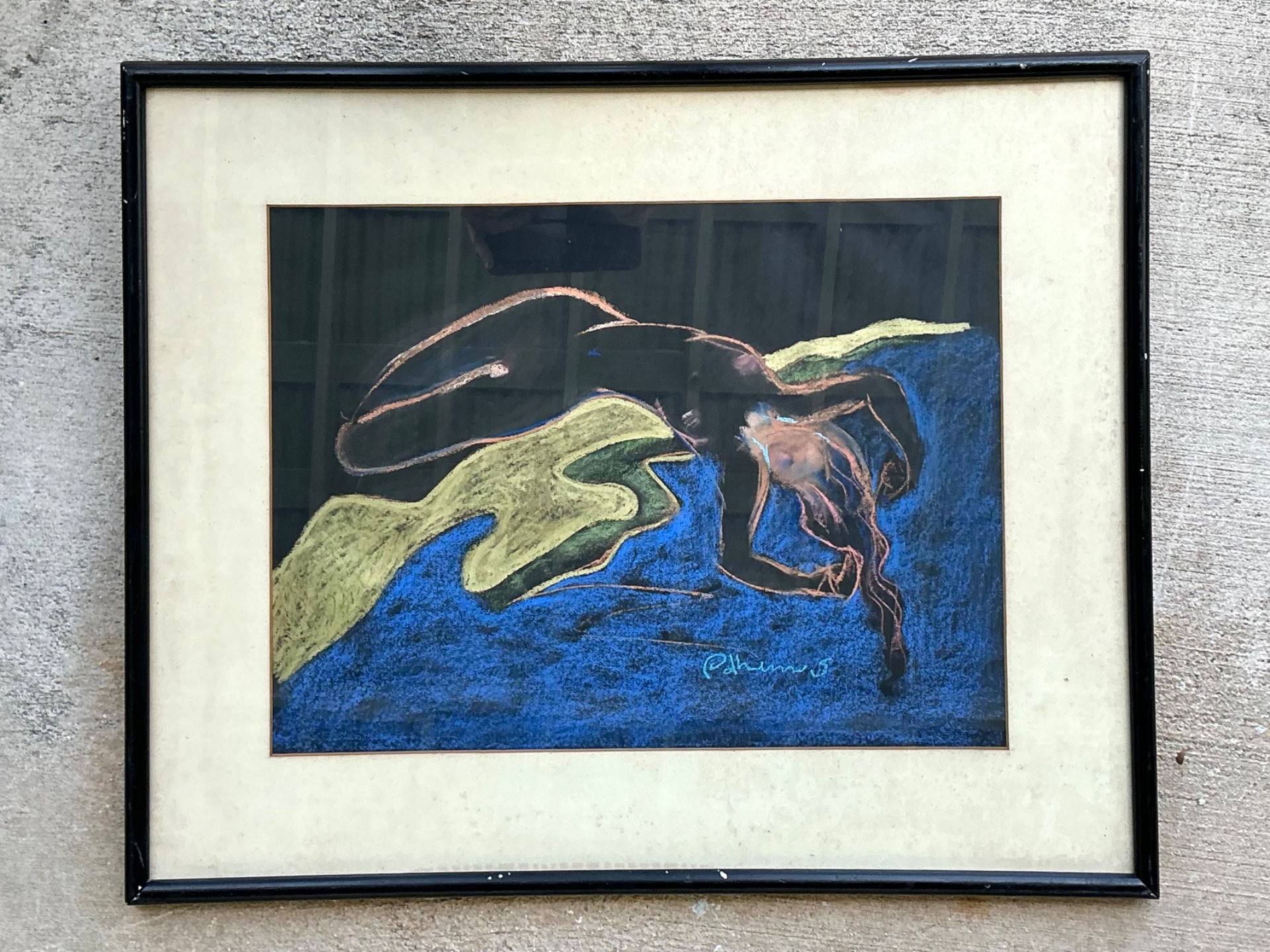 Vintage Abstract Nude Pastel Drawing - Side view